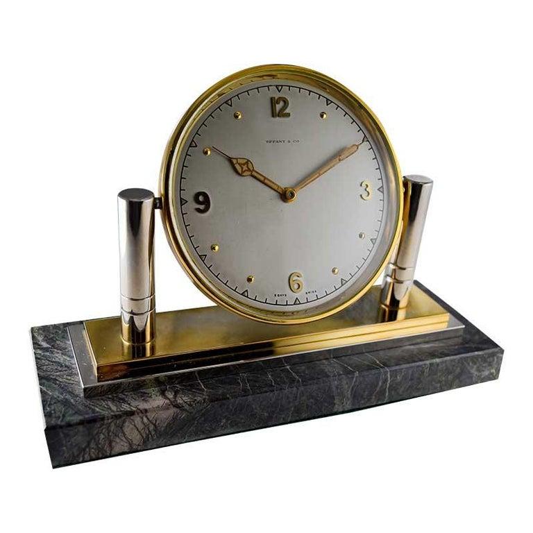 Brass Tiffany & Co. Stone and Metal Desk Clock with Original Dial and Hands, 1930's For Sale