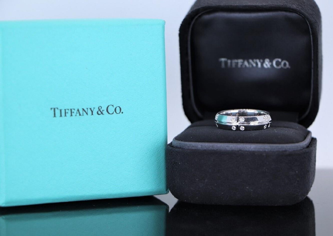 Brand Tiffany & co 
Type ring
Gender women
Ring size 6.5
Weight 5.9gr
Ring width 5mm
Ring length 20.9mm
Metal 18k white gold 750
Style modern
Stone cut round 
Stone type diamond 
Diamonds: Approx. .20 CTW F-G VS round diamonds