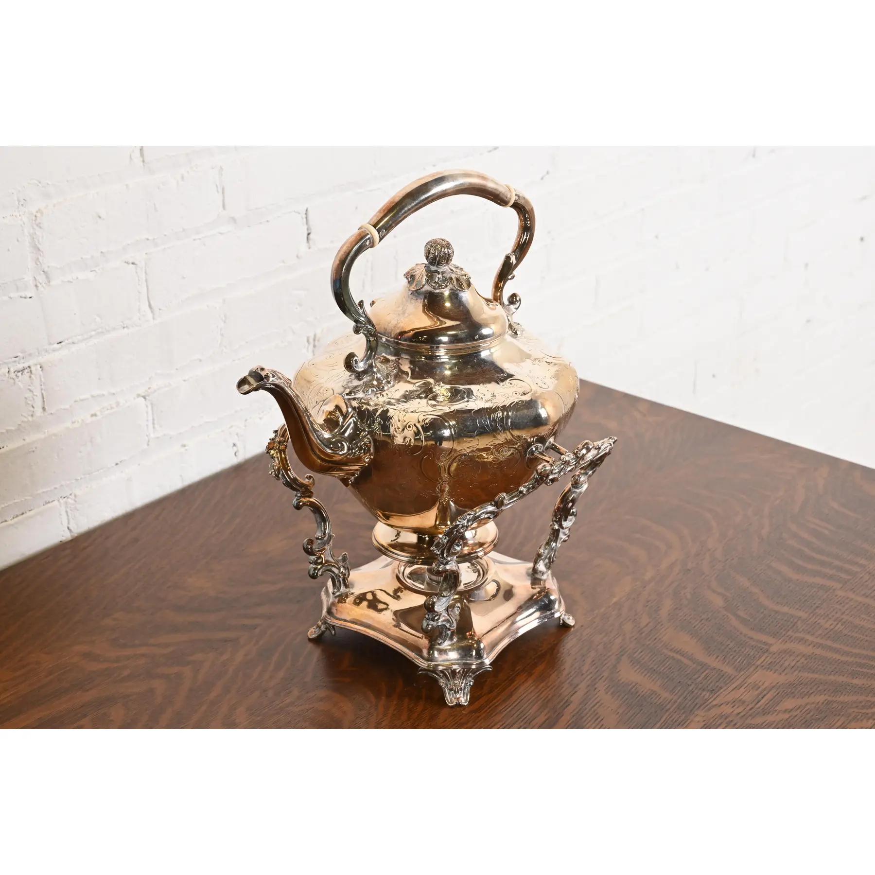American Tiffany & Co. Style Antique Victorian Silverplate Tea Kettle with Boiler For Sale