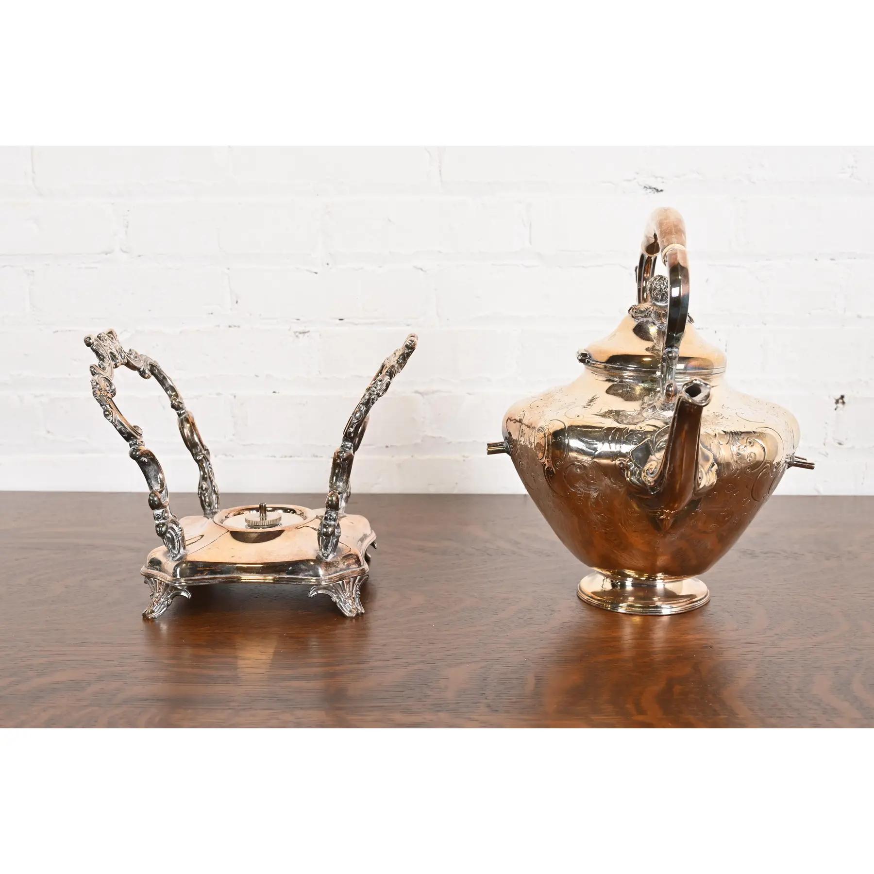19th Century Tiffany & Co. Style Antique Victorian Silverplate Tea Kettle with Boiler For Sale