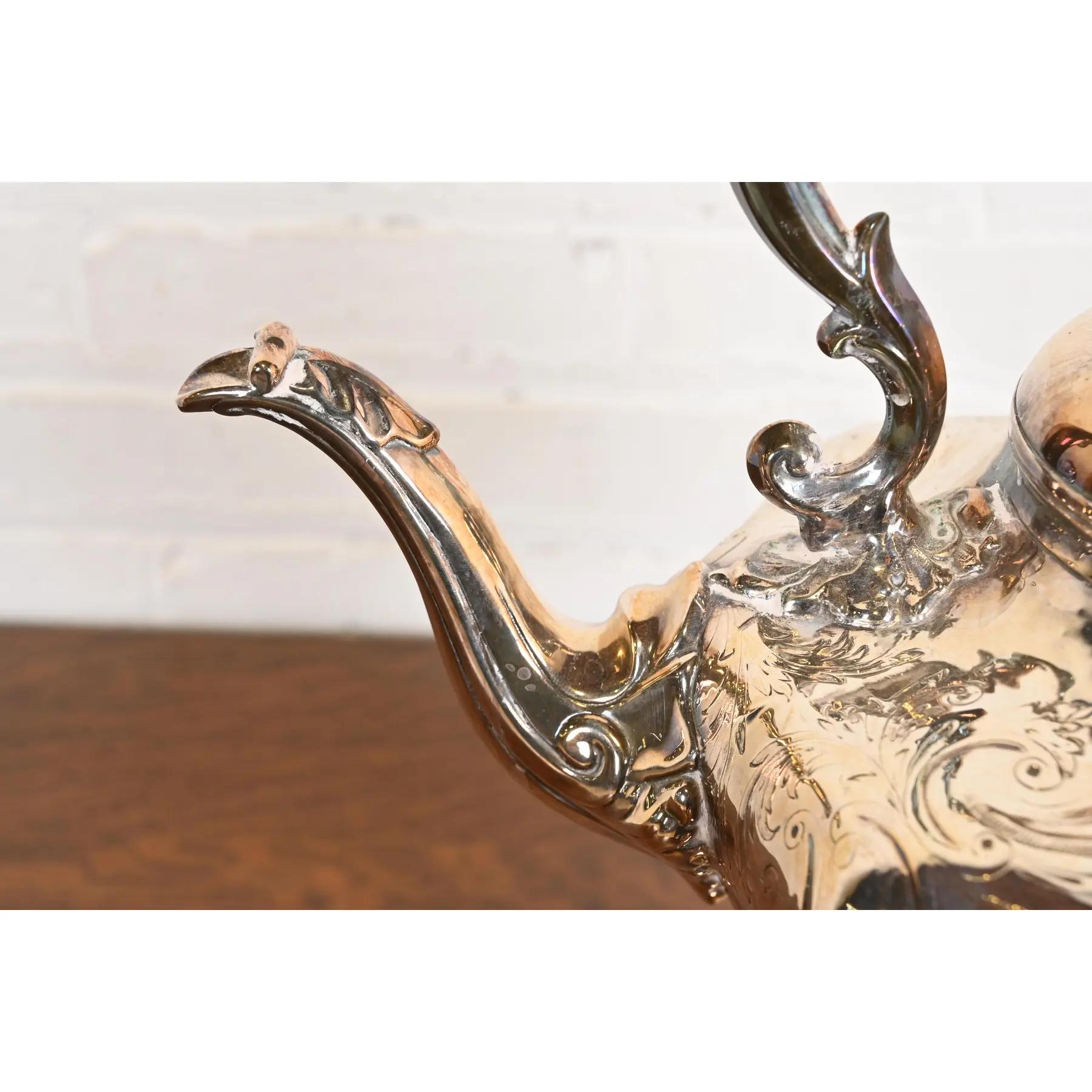 Silver Plate Tiffany & Co. Style Antique Victorian Silverplate Tea Kettle with Boiler For Sale
