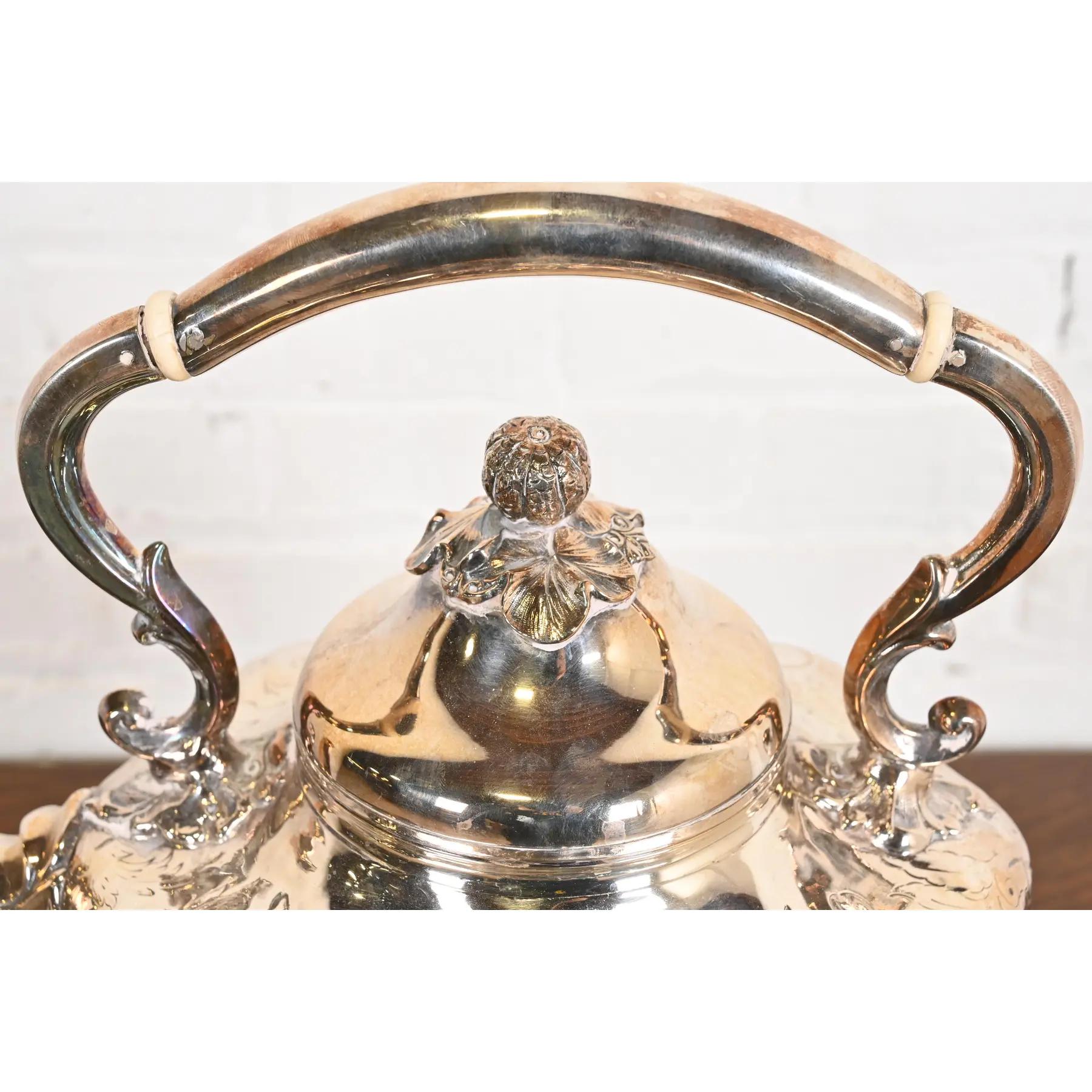 Tiffany & Co. Style Antique Victorian Silverplate Tea Kettle with Boiler For Sale 1