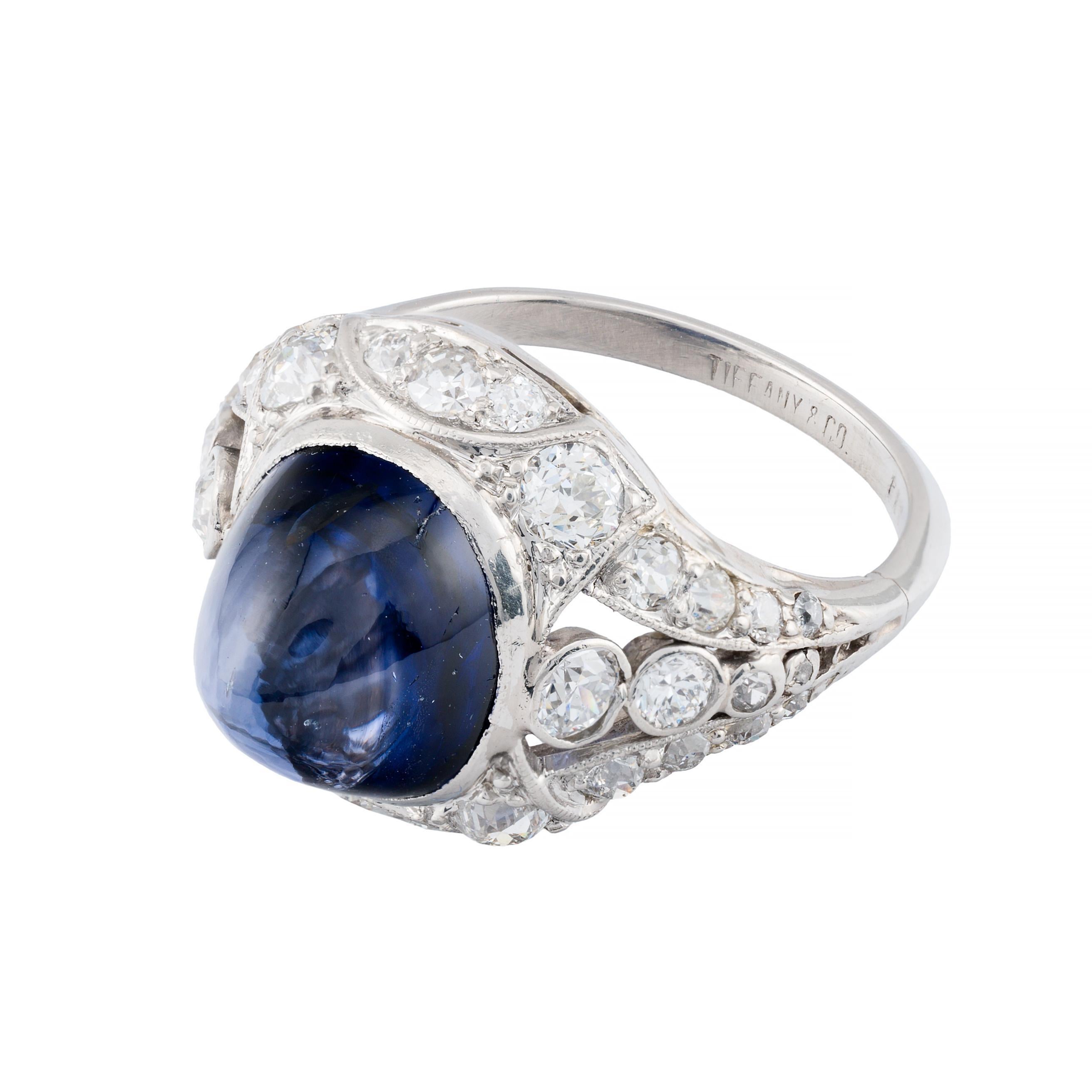 Art Deco Tiffany & Co Sugarloaf Cabochon No Heat Sapphire and Diamond Ring in Platinum For Sale