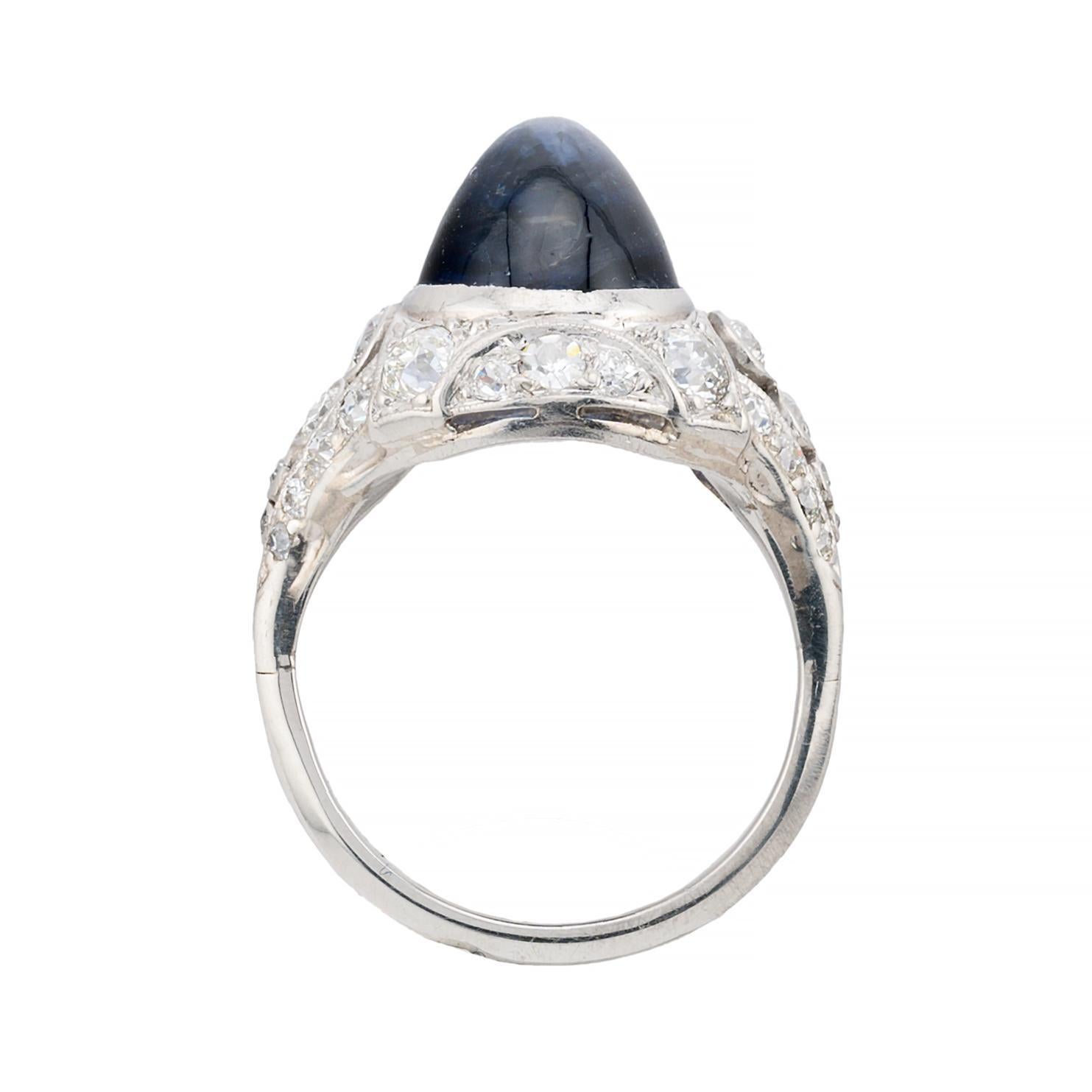 Women's Tiffany & Co Sugarloaf Cabochon No Heat Sapphire and Diamond Ring in Platinum For Sale