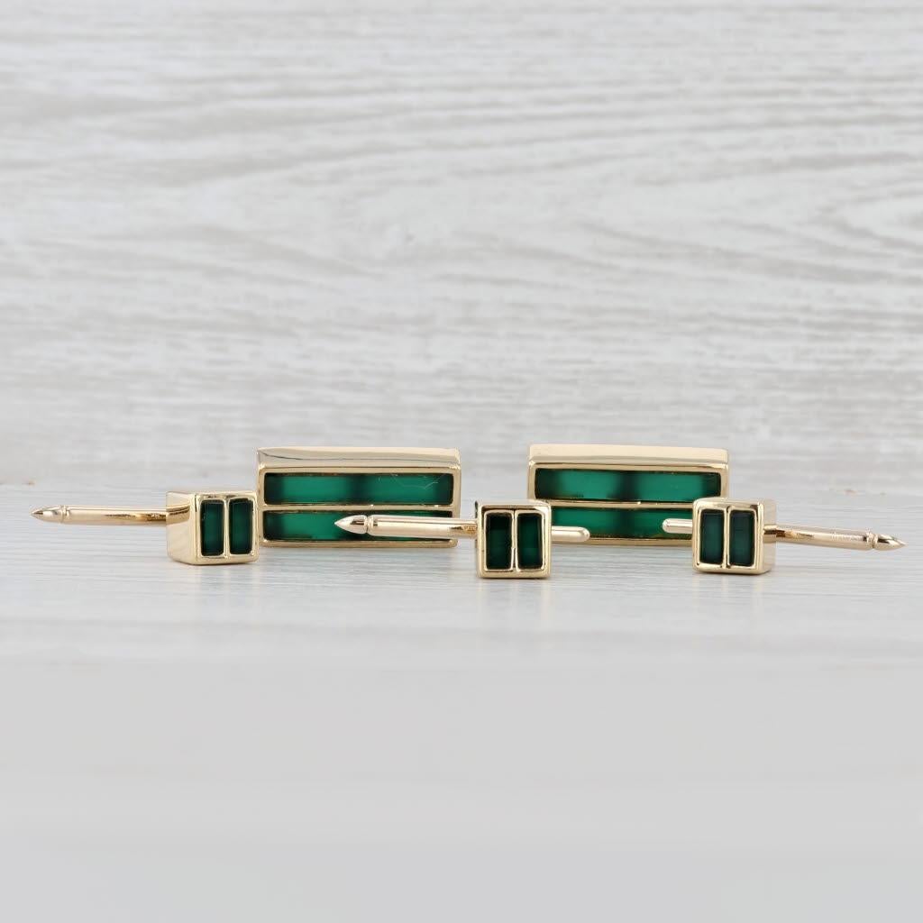 Gem: Natural Chalcedony - 4 x 20 mm and 2.5 x 6 mm, Marbled Dark Green Color, Dye Treatment
Metal: 18k Yellow Gold
Weight: 38.9 Grams 
Stamps: 18k Tiffany & Co
Closure: Bar Posts with Bead Backs - Cufflinks, Bar Studs
Measurements: Cufflinks - 11 x