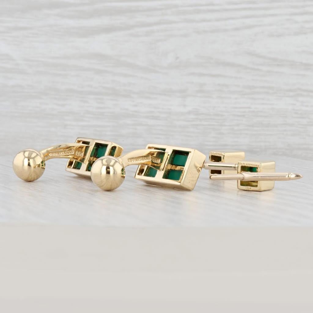 Emerald Cut Tiffany & Co Suit Accessories Green Chalcedony 18k Yellow Gold 3 Studs Cufflinks For Sale