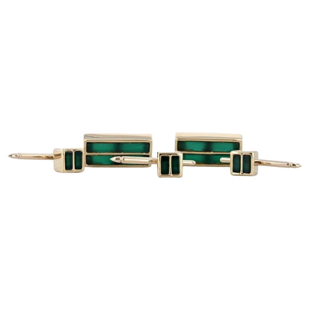 Tiffany & Co Suit Accessories Green Chalcedony 18k Yellow Gold 3 Studs Cufflinks For Sale