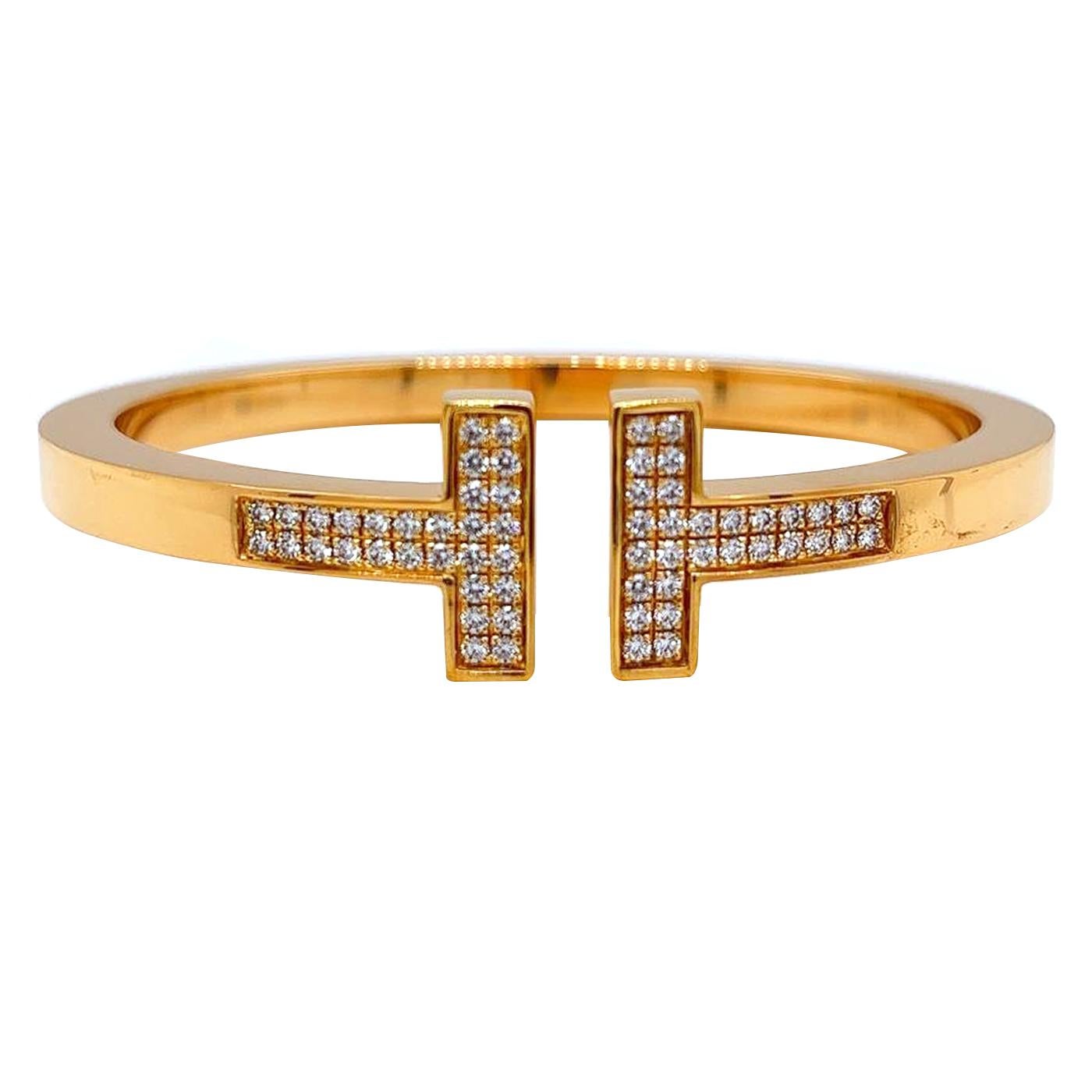 Modernist Tiffany & Co. T 0.75ct Pave Diamonds 18k Yellow Gold Square Bracelet For Sale