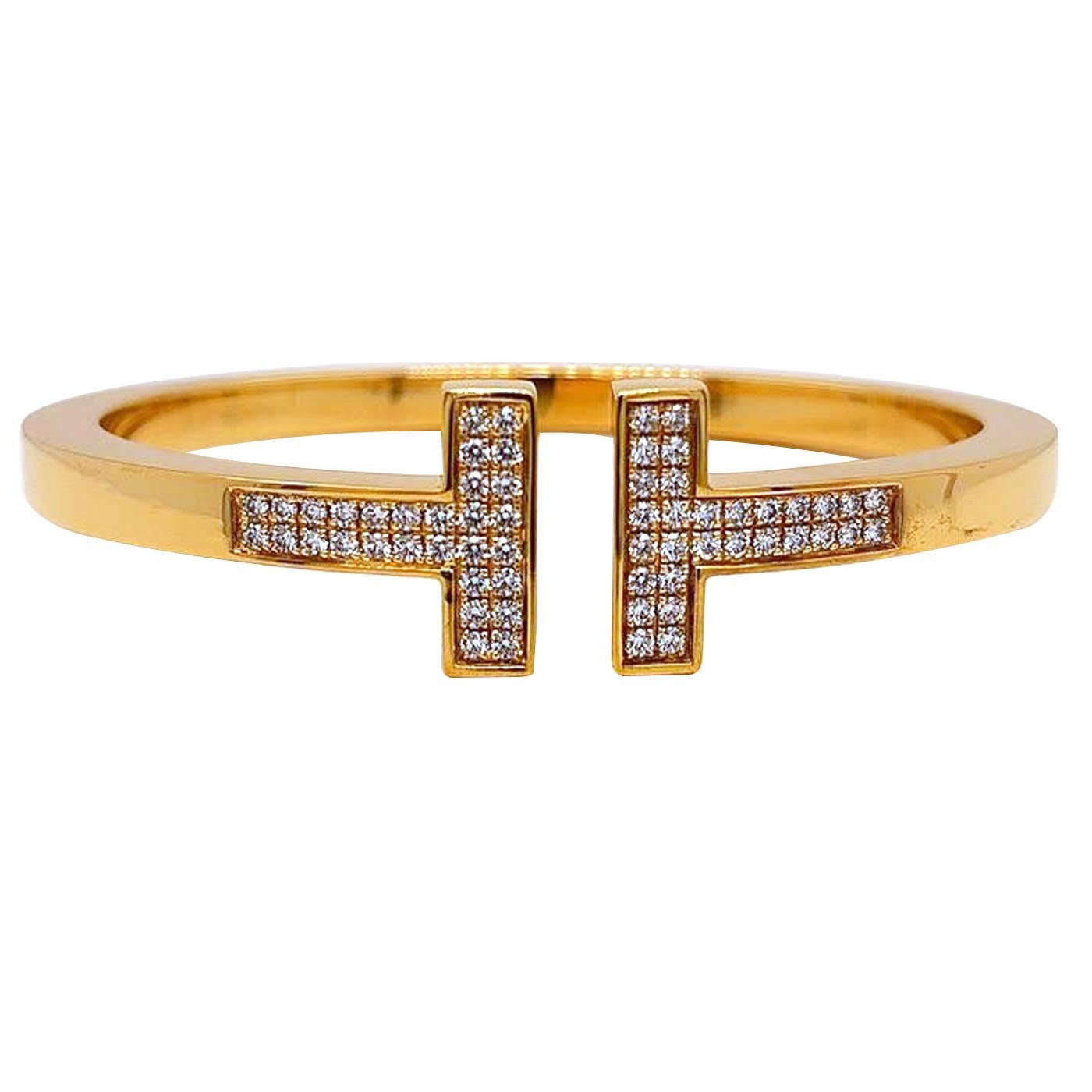 Round Cut Tiffany & Co. T 0.75ct Pave Diamonds 18k Yellow Gold Square Bracelet For Sale