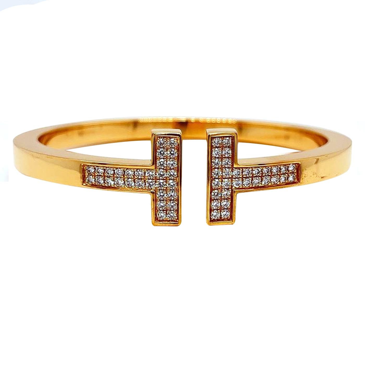 Tiffany & Co. T 0.75ct Pave Diamonds 18k Yellow Gold Square Bracelet In Excellent Condition For Sale In Aventura, FL