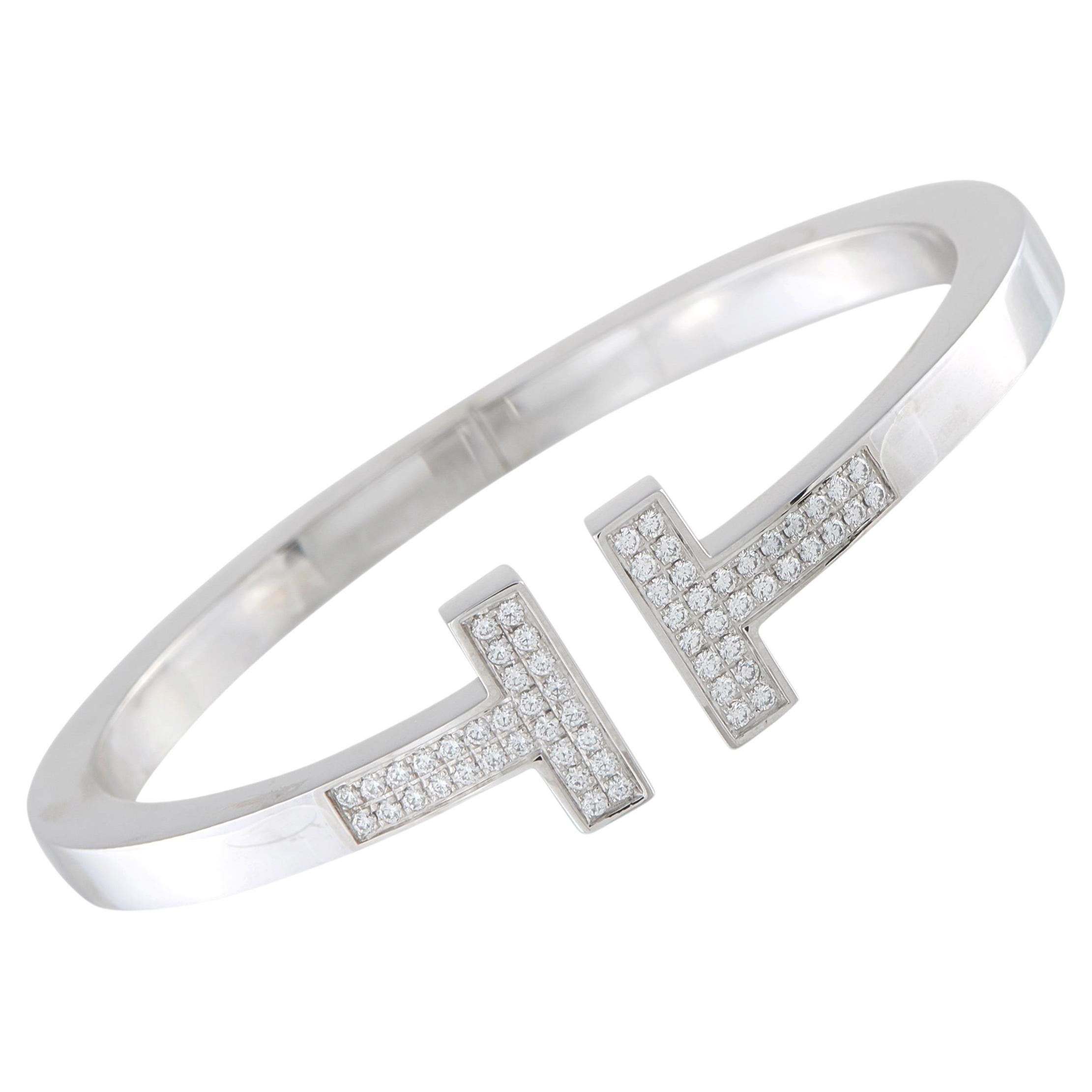 Tiffany & Co. T 18K White Gold 0.74ct Diamond Bracelet Size Large TI08-042926