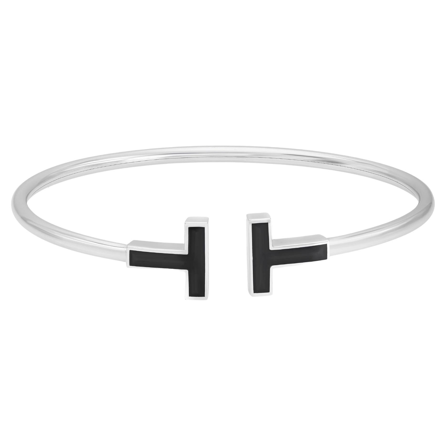 Tiffany & Co. T Black Onyx Wire Bracelet 18K White Gold Size Small For Sale