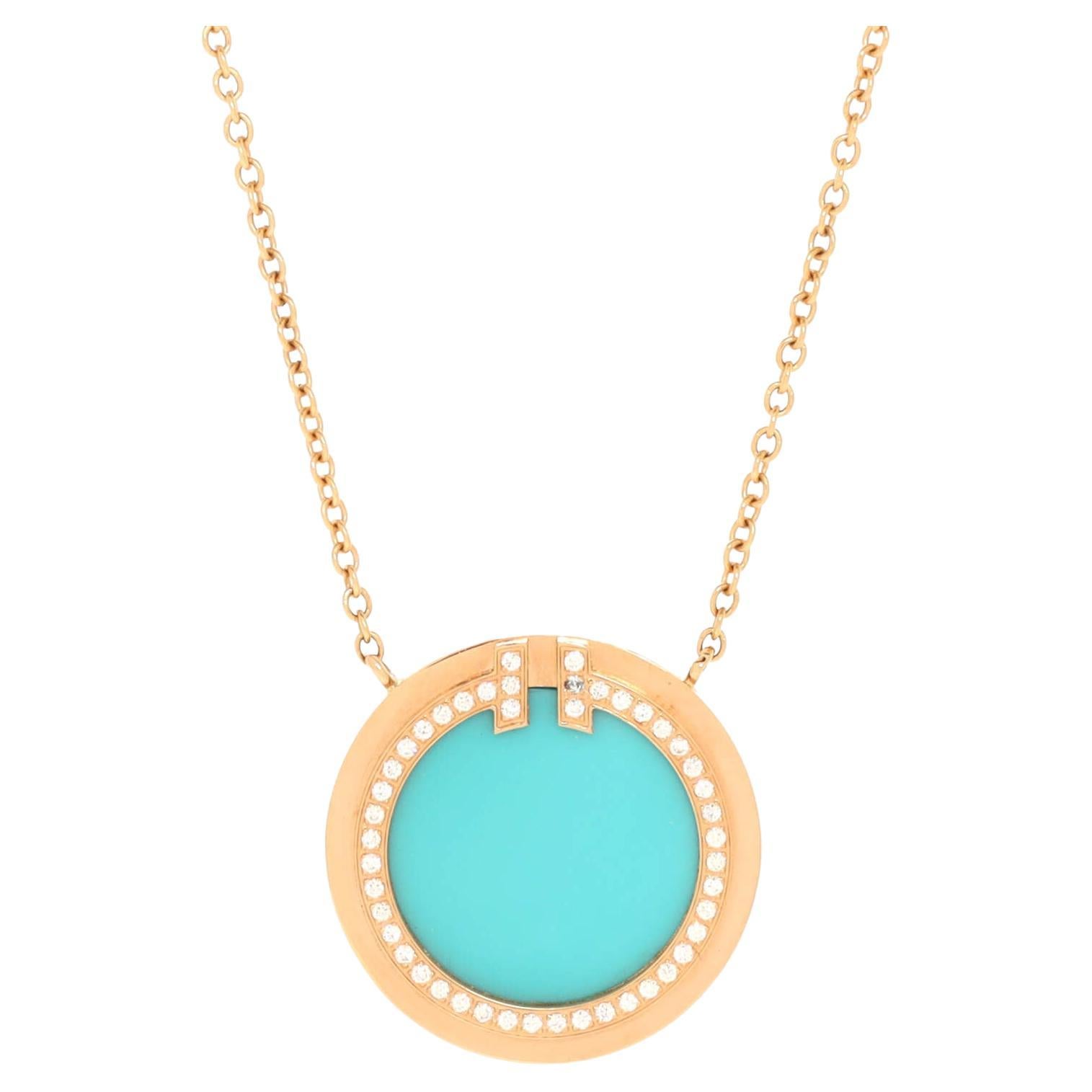 Tiffany & Co. T Circle Pendant Necklace 18K Rose Gold with Turquoise