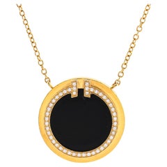 Tiffany & Co. T Circle Pendant Necklace 18k Yellow Gold with Onyx and Diamonds