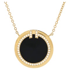 Tiffany & Co. T Circle Pendant Necklace 18K Yellow Gold with Onyx and Diamonds