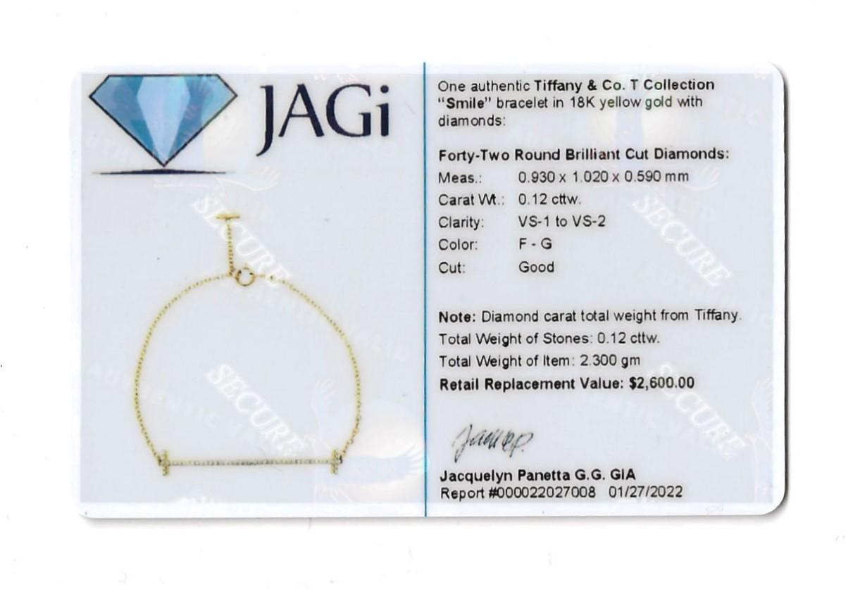 Tiffany & Co. T Collection Diamond Smile Bracelet 18 Karat Yellow Gold 9