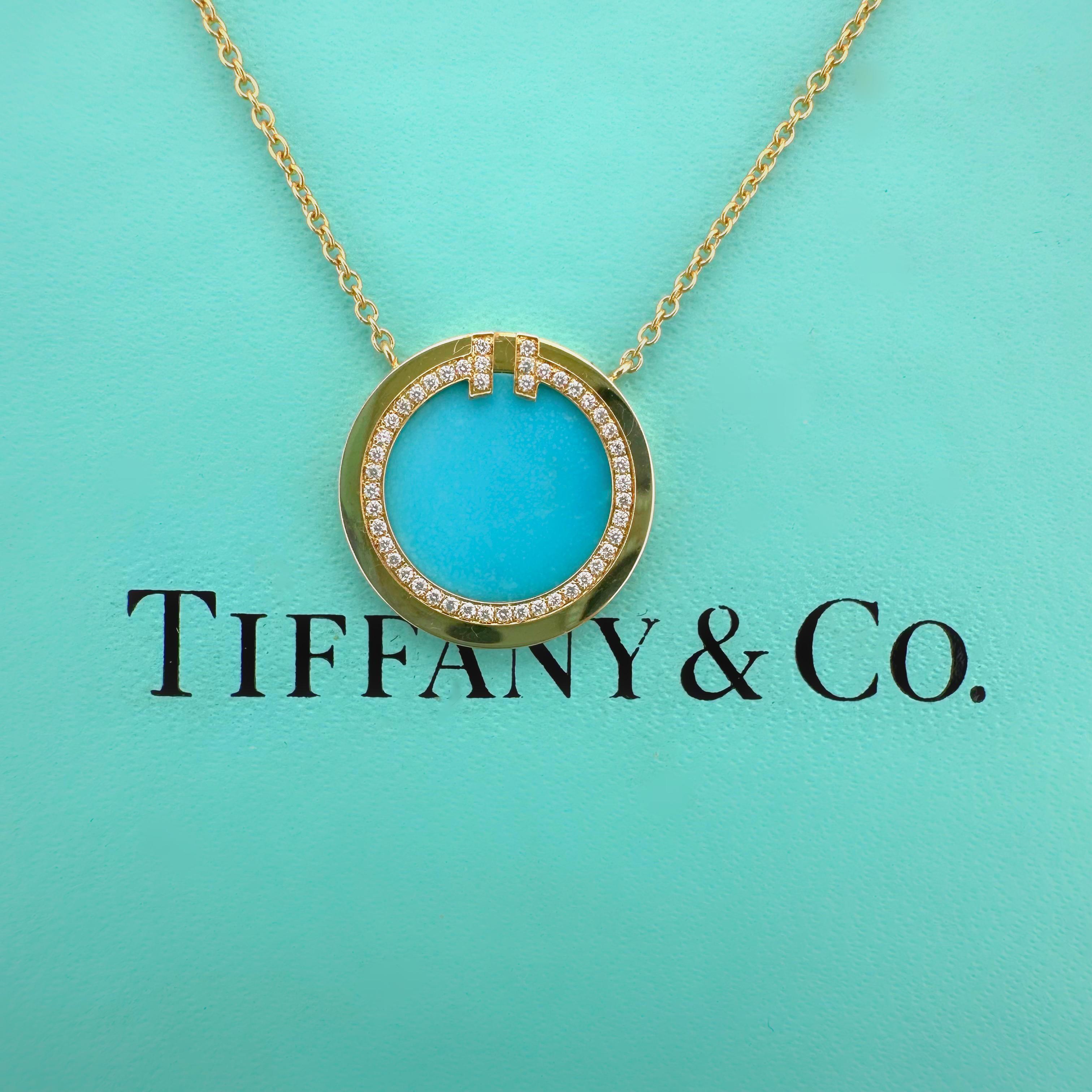 Collar Colgante Círculo Tiffany & Co T Diamante y Turquesa Oro Amarillo 18k en venta 8