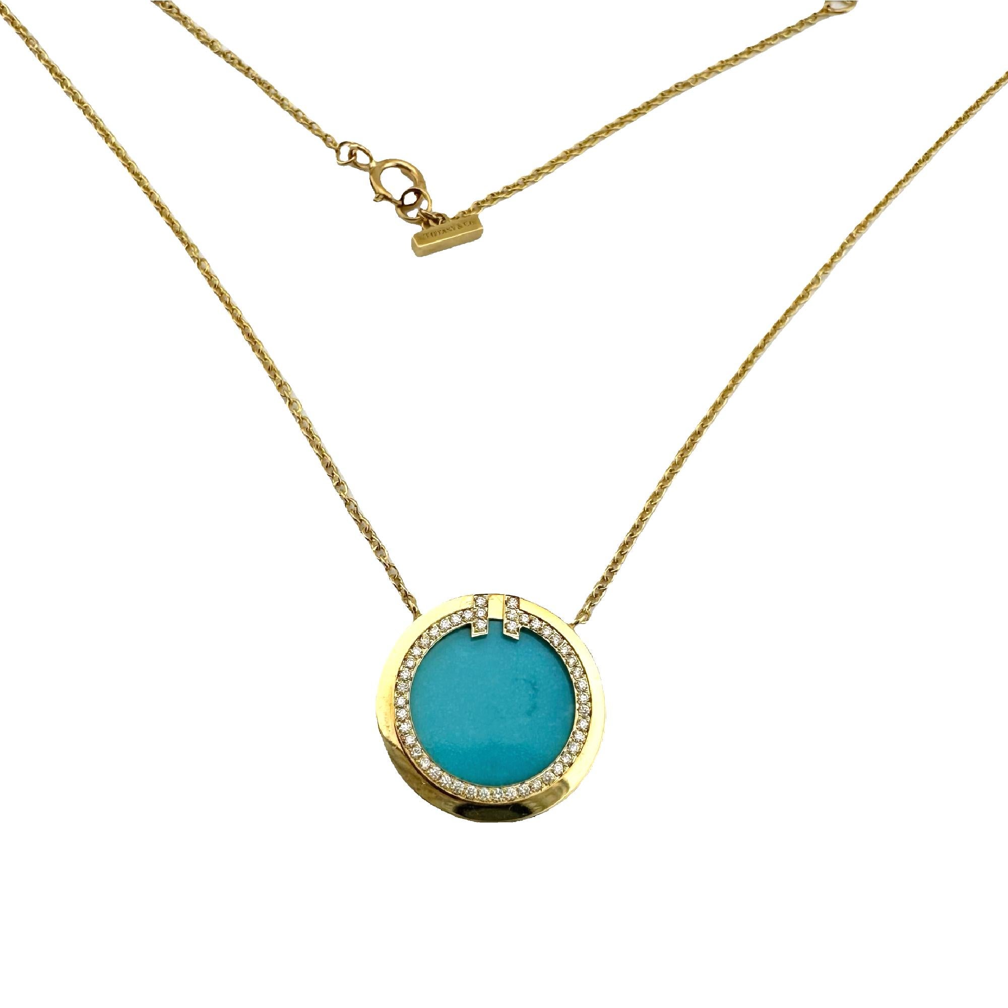 Femenino o masculino Collar Colgante Círculo Tiffany & Co T Diamante y Turquesa Oro Amarillo 18k en venta