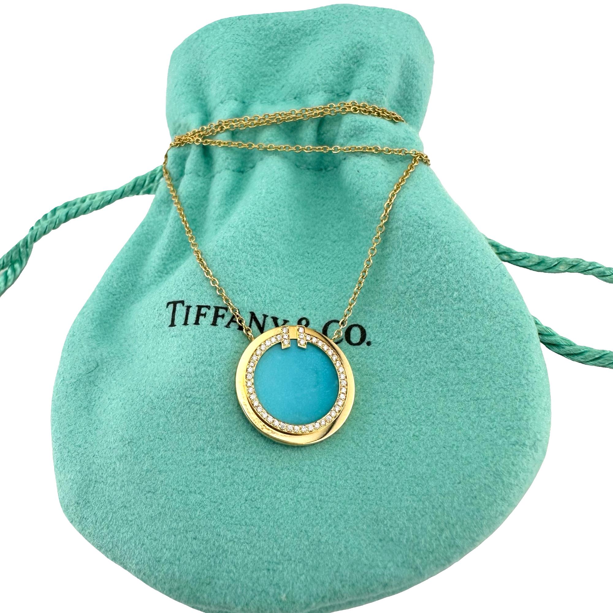 Collar Colgante Círculo Tiffany & Co T Diamante y Turquesa Oro Amarillo 18k en venta 2