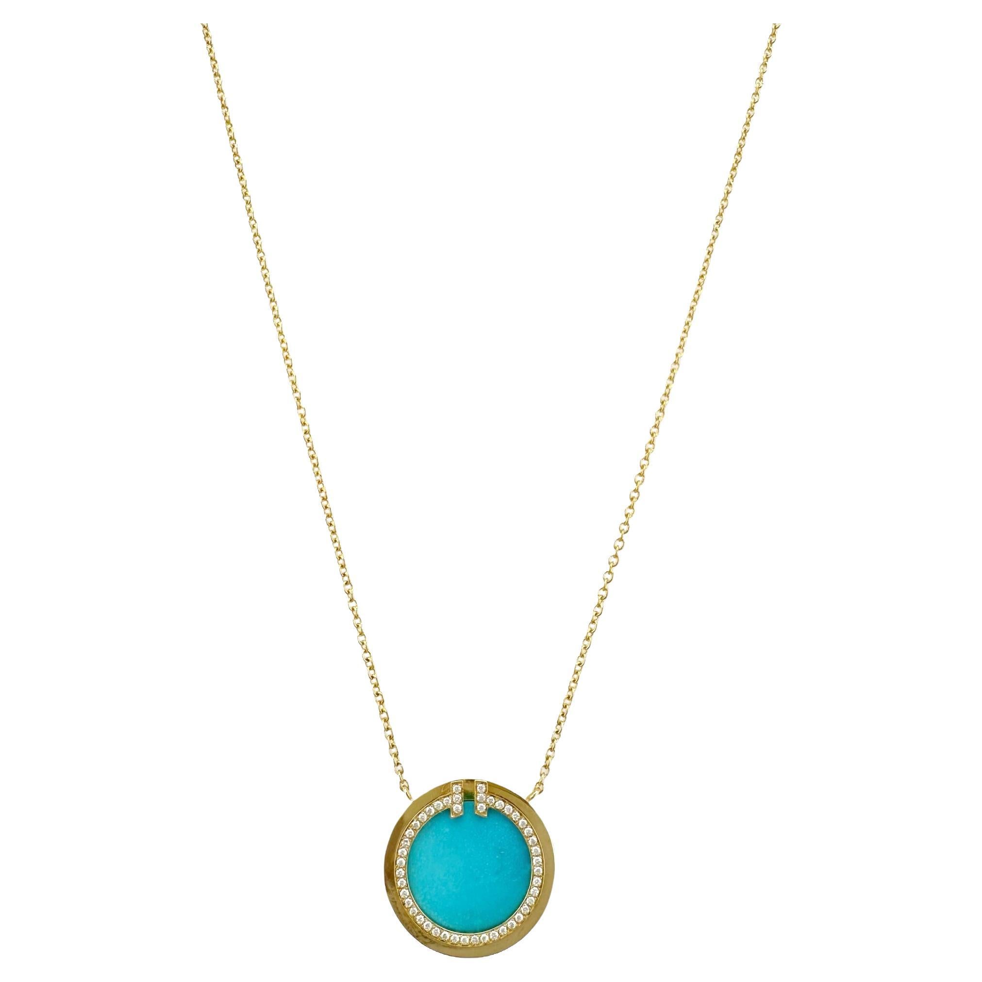 Tiffany & Co T Diamond and Turquoise Circle Pendant Necklace 18k Yellow Gold
