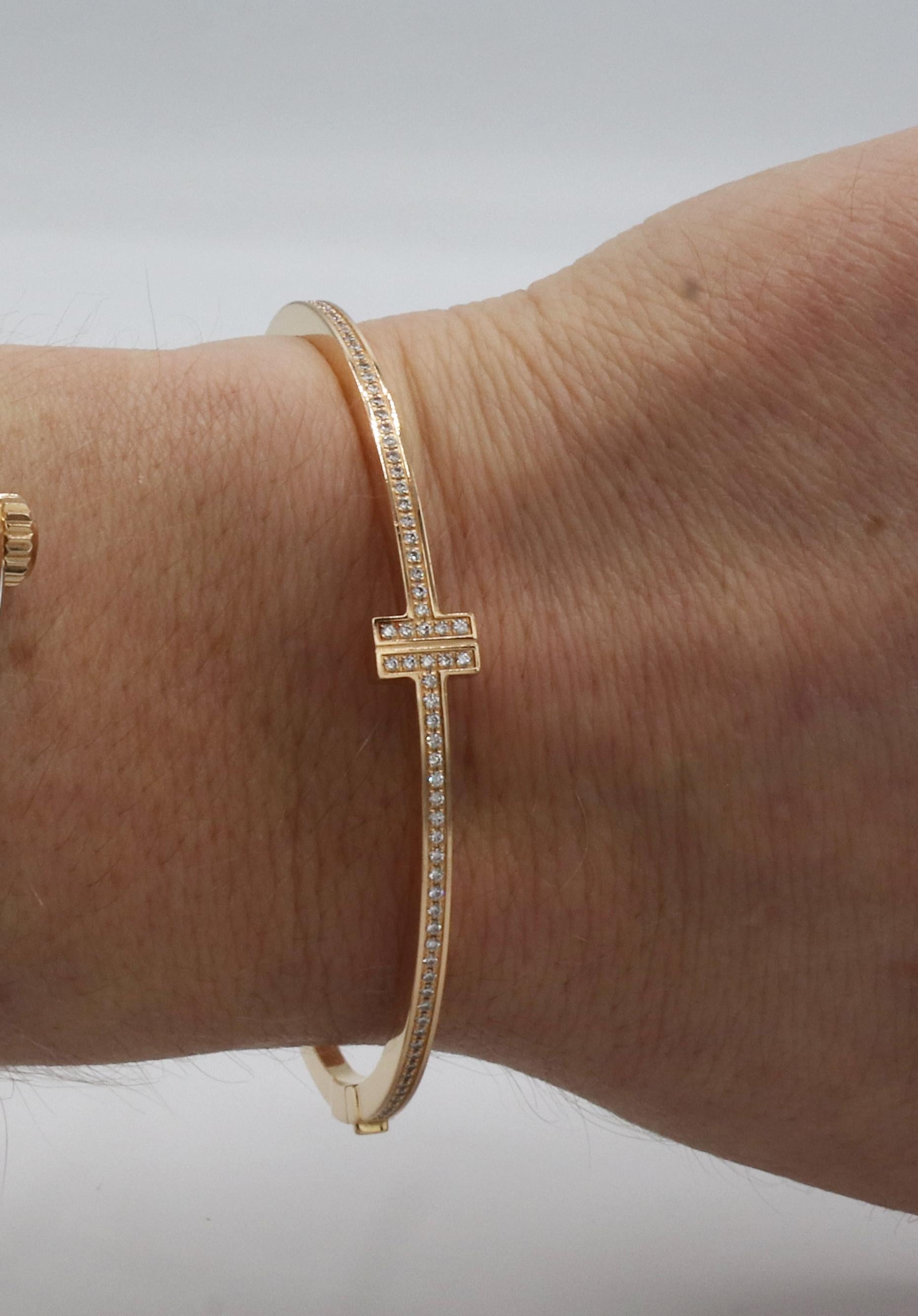Tiffany & Co. T Diamond Hinged Wire Bangle in 18k Rose Gold In Excellent Condition In  Baltimore, MD