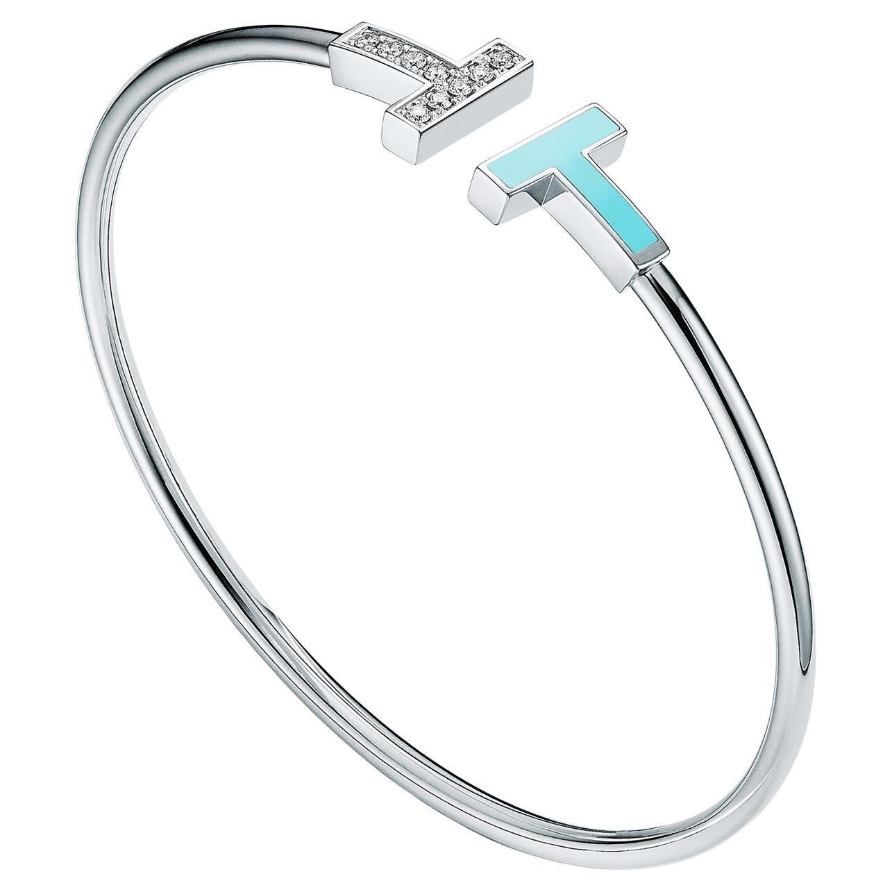 Tiffany & Co T Diamond & Turquoise Wire Bracelet 18k White Gold Round Diamonds For Sale