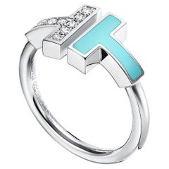 Used Tiffany & Co T Diamond & Turquoise Wire Ring 18k White Gold 9 Round Diamonds