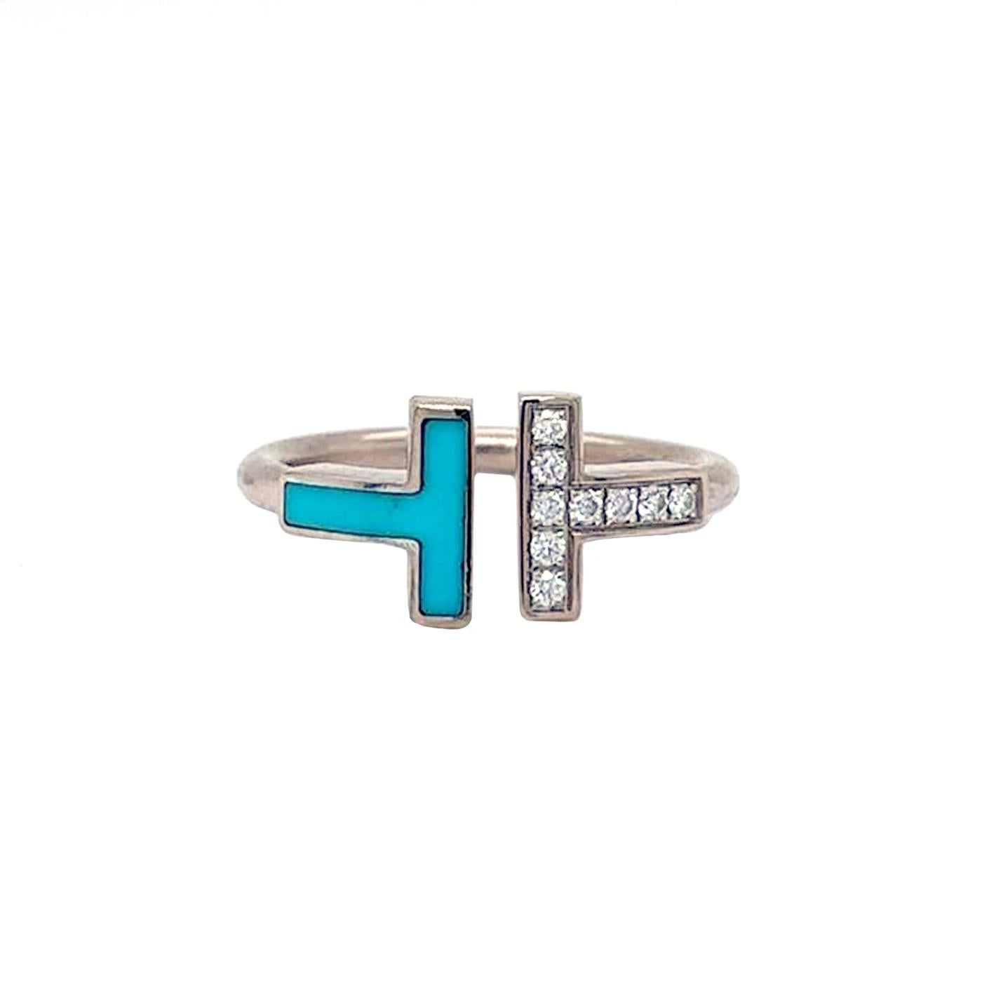 Modernist Tiffany & Co T Diamond & Turquoise Wire Ring 18k White Gold with Round Diamonds