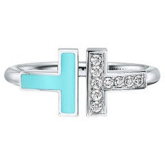 Tiffany & Co T Diamond & Turquoise Wire Ring 18k White Gold with Round Diamonds