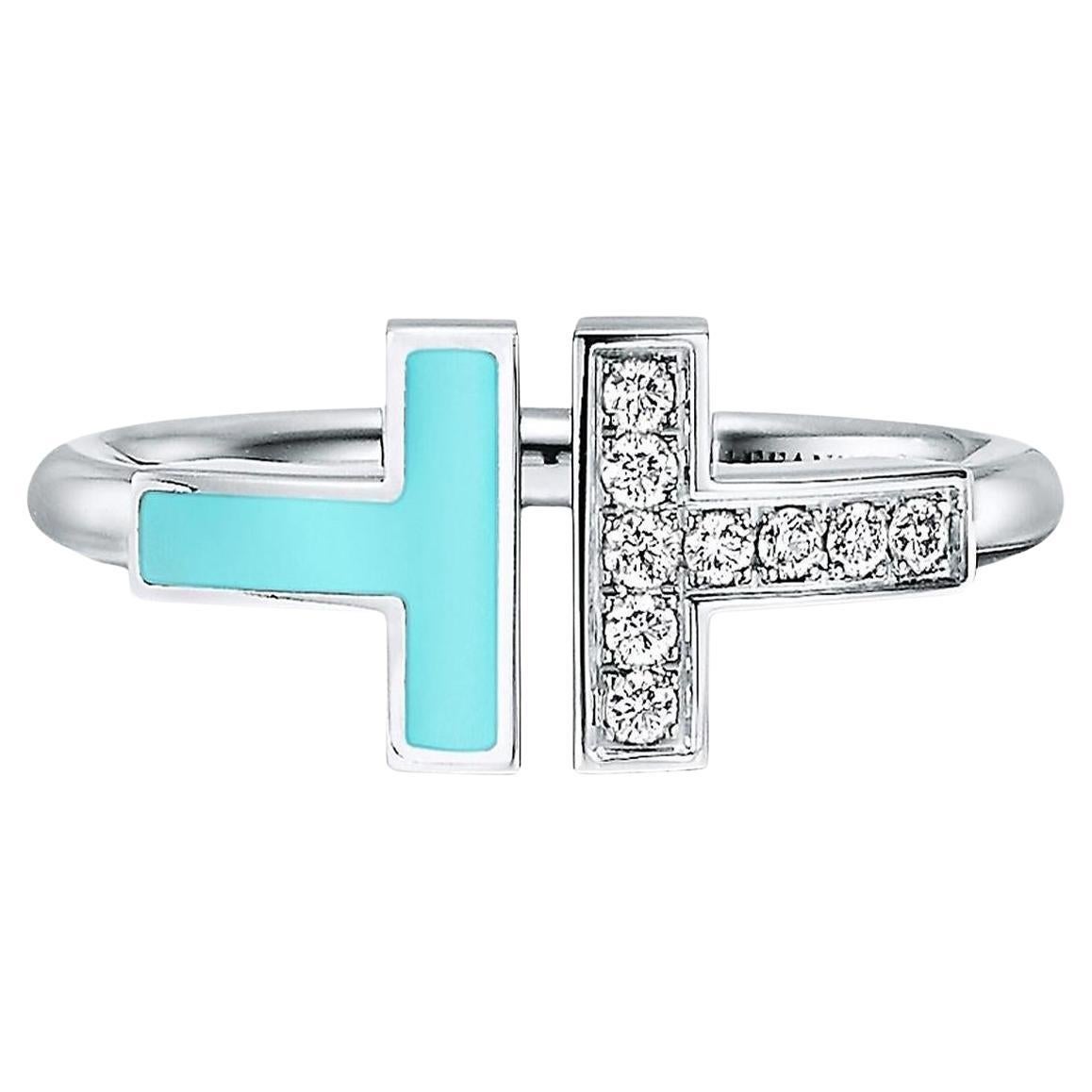 Tiffany & Co T Diamond & Turquoise Wire Ring with Round Diamonds 18k White Gold For Sale