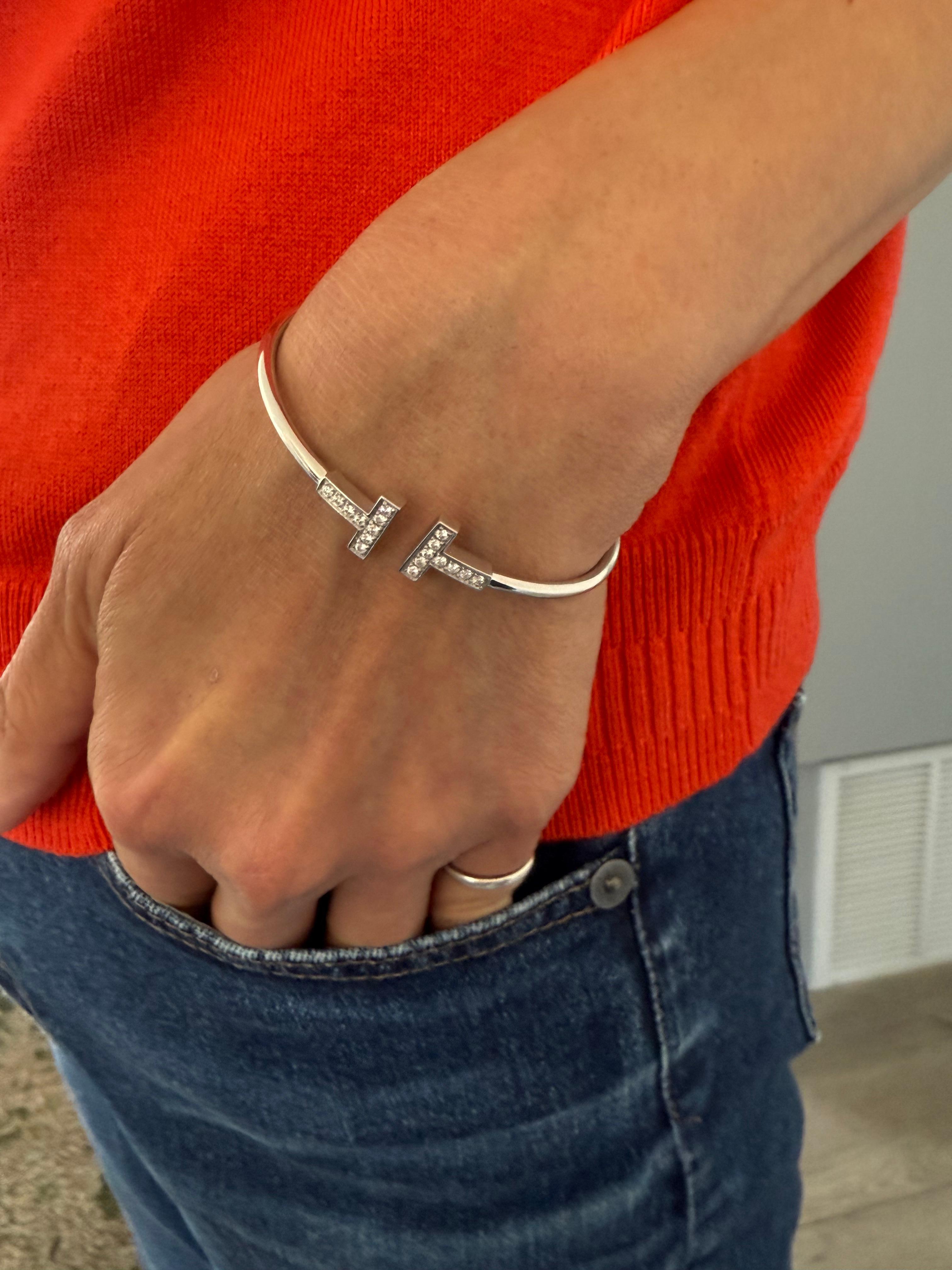 Women's or Men's Tiffany & Co T Diamond Wire Bracelet in White Gold For Sale