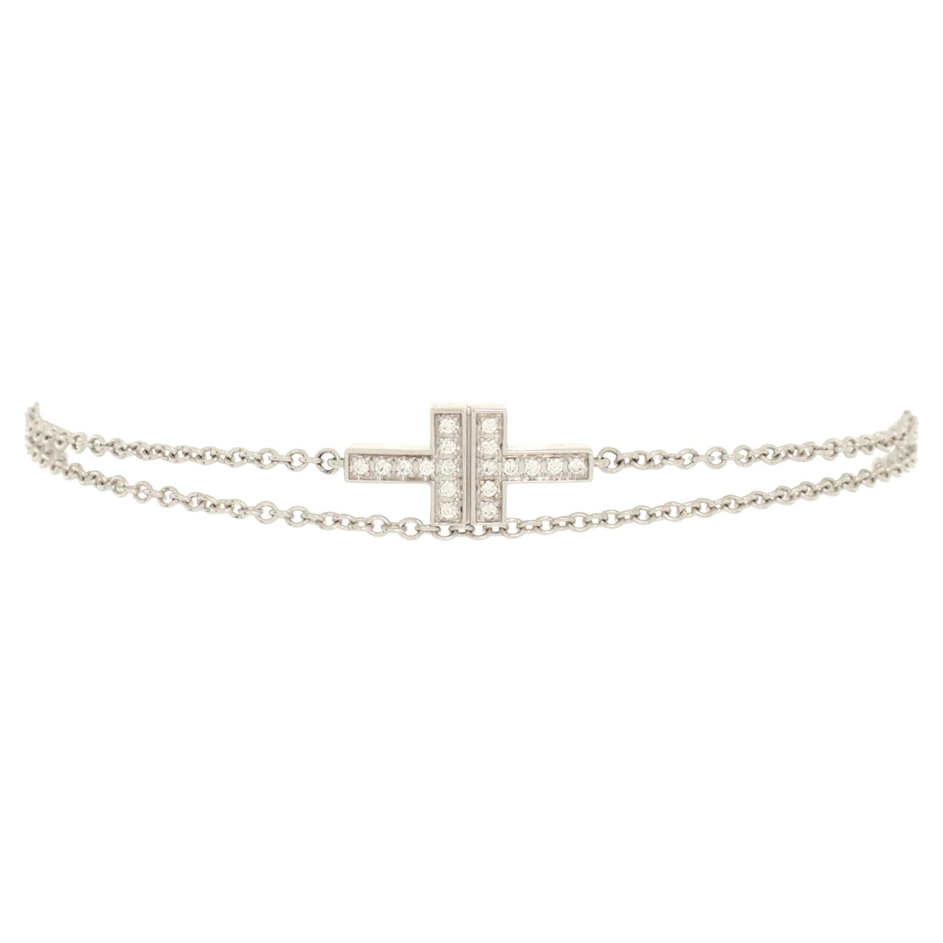 Tiffany & Co. T Double Chain Bracelet 18K White Gold and Diamonds Small