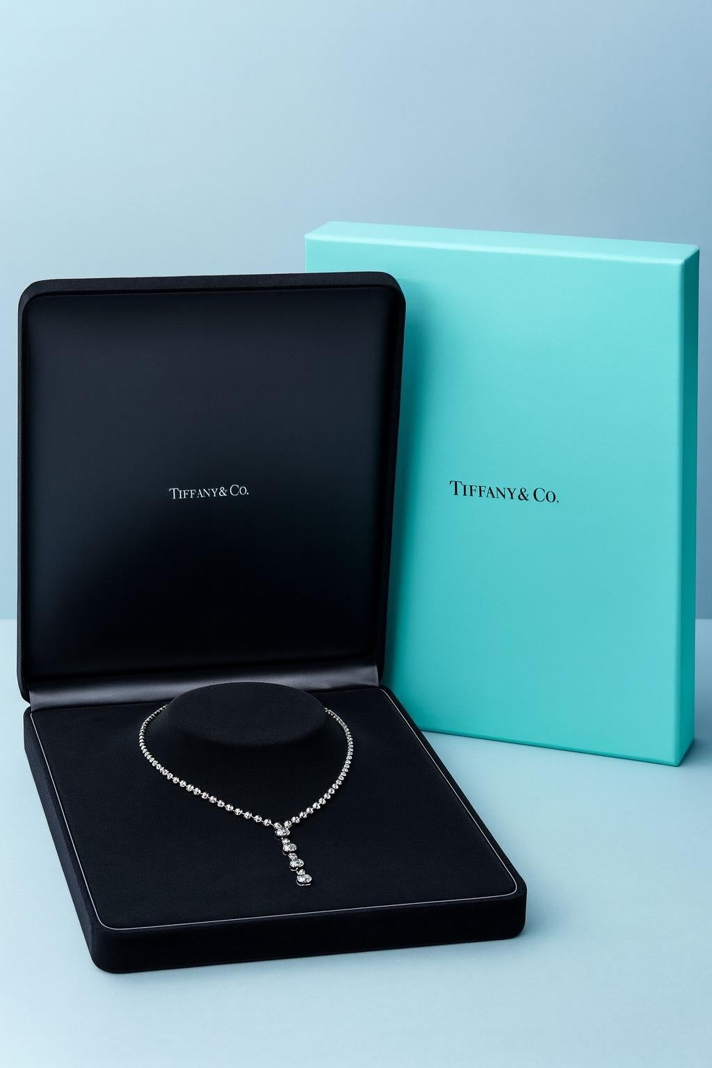 Round Cut Tiffany & Co. T-Drop Diamond Platinum Necklace For Sale