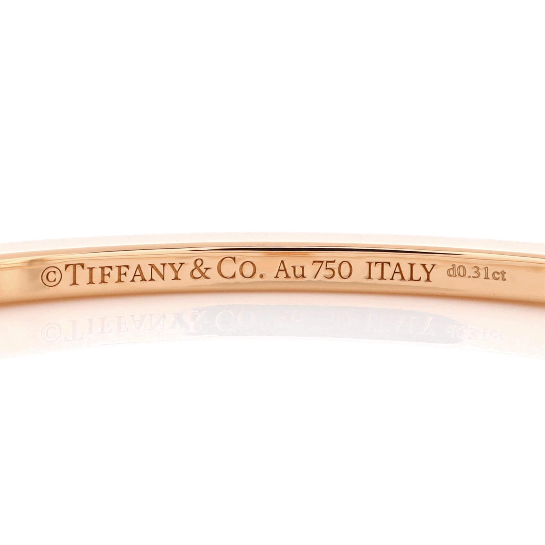 Tiffany & Co. T Hinged Wire Bangle Bracelet 18K Rose Gold and Diamonds In Good Condition In New York, NY
