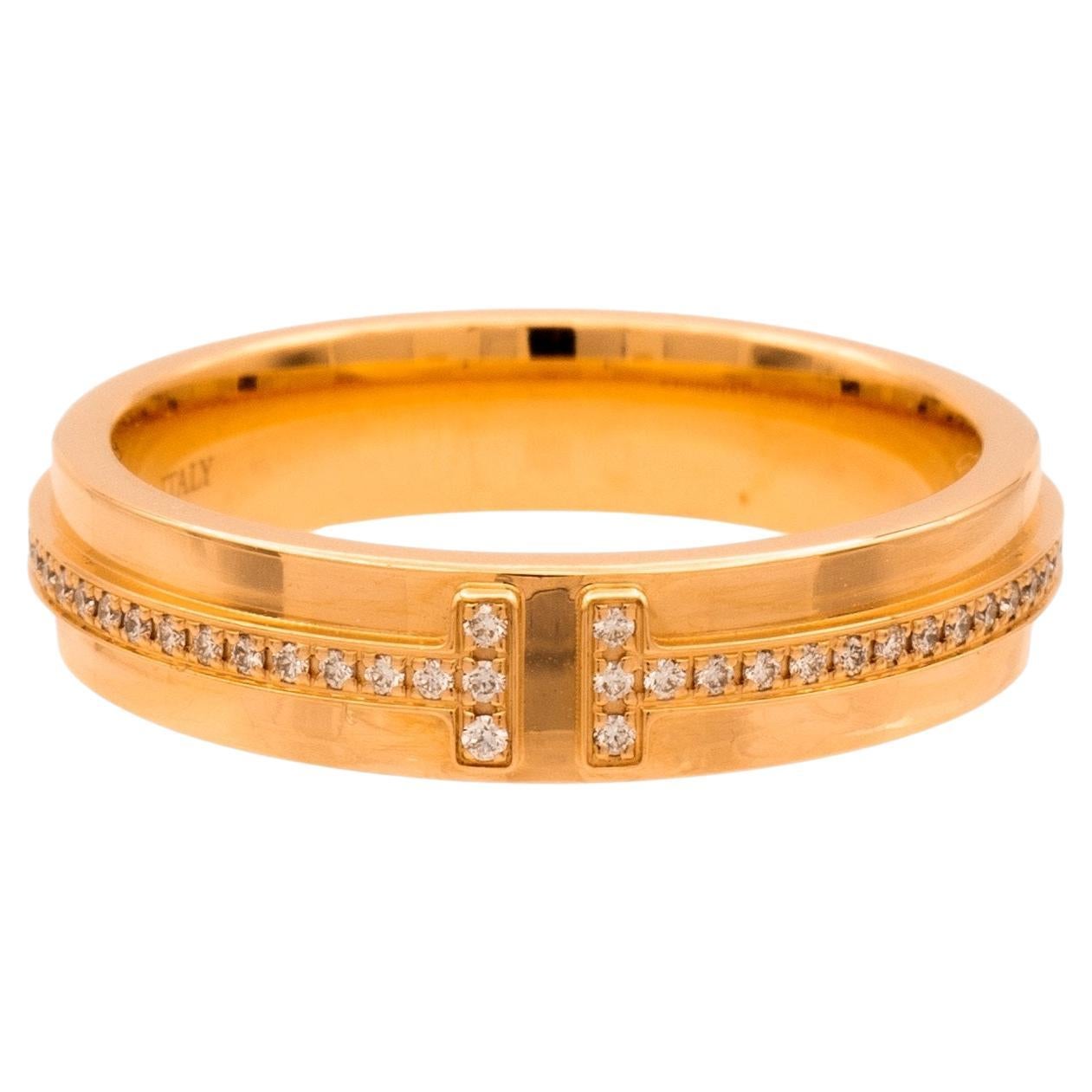 Tiffany & Co. T Narrow 18K Rose Gold 4.5 mm Wide .13 ct Diamond Band Ring Size 7