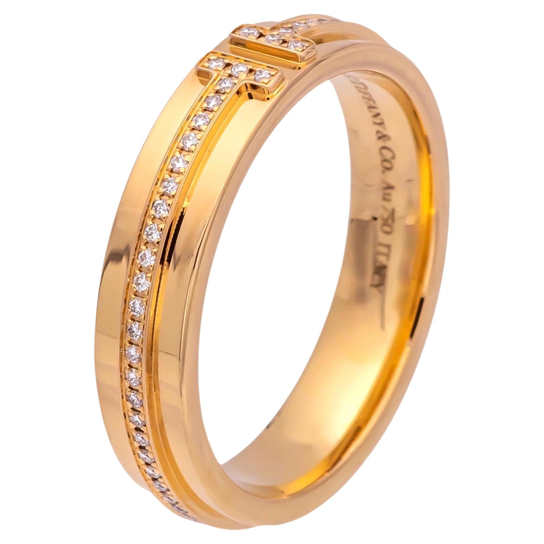 Tiffany & Co. T Narrow 18K Rose Gold 4.5 mm Wide .13 ct Diamond Band Ring Size 7