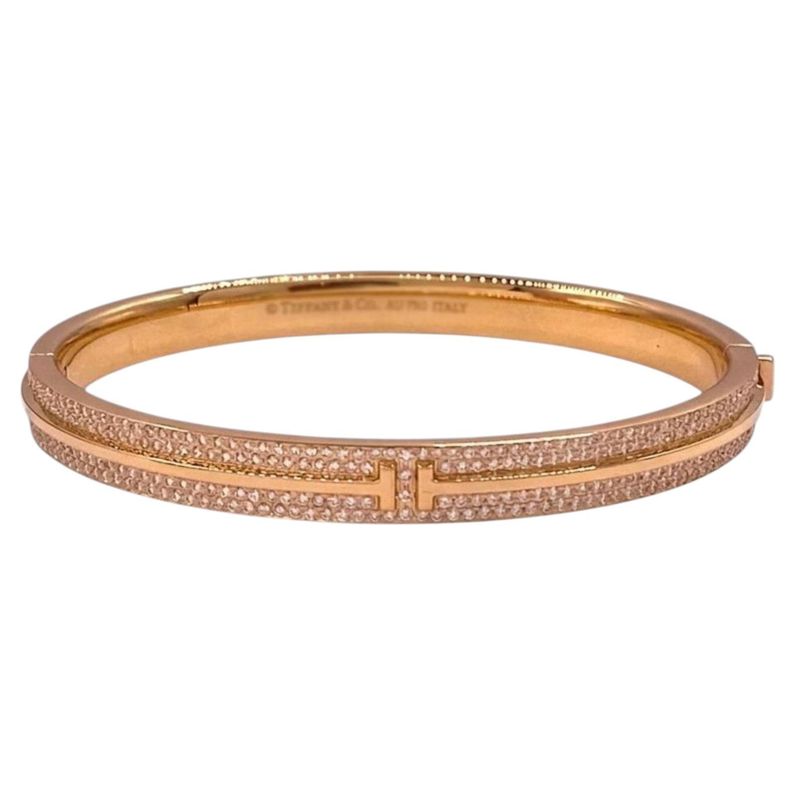 Tiffany & Co. T Pavé Diamond Hinged Bangle 18K Rose Gold Medium Bracelet For Sale