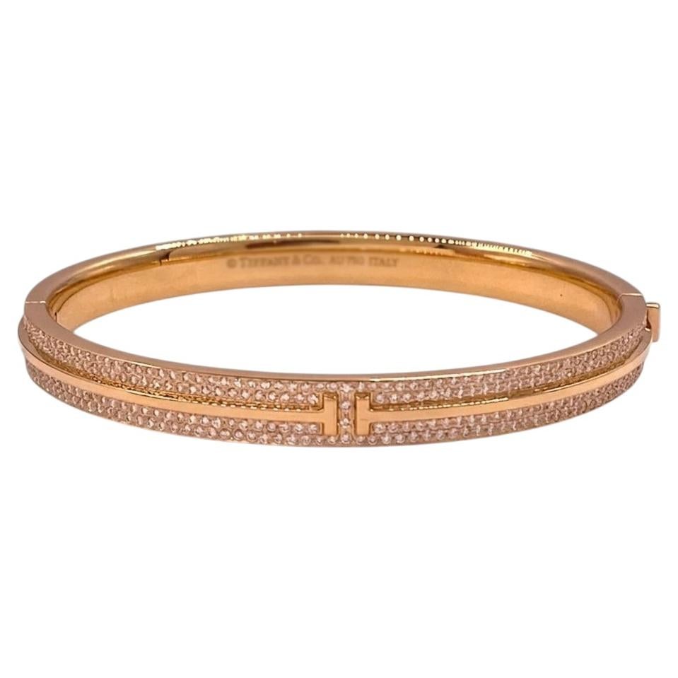 Tiffany & Co. T Pavé Diamond Hinged Bangle 18K Rose Gold Medium Bracelet