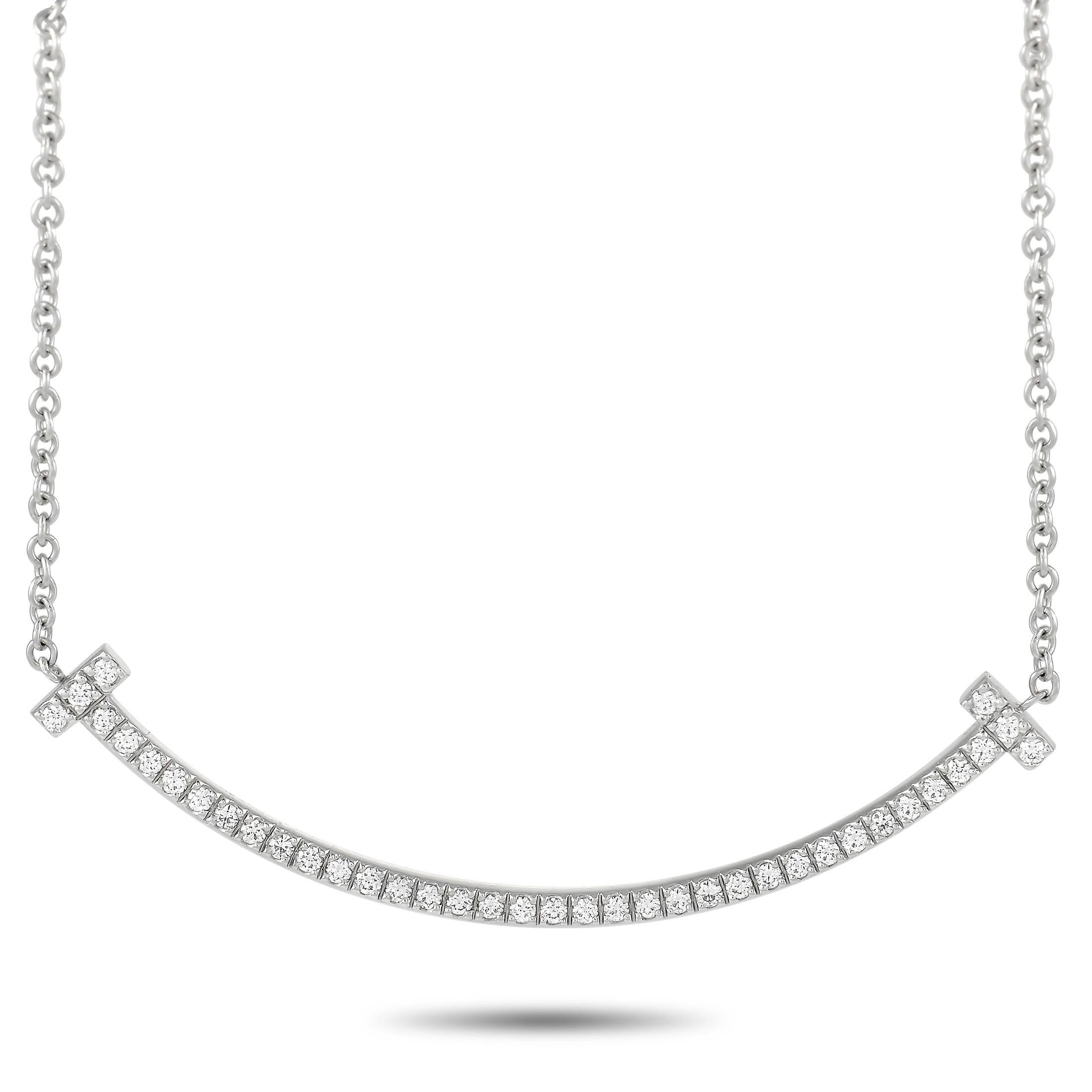 Tiffany & Co. T Smile 18K White Gold Diamond Necklace In Excellent Condition In Southampton, PA