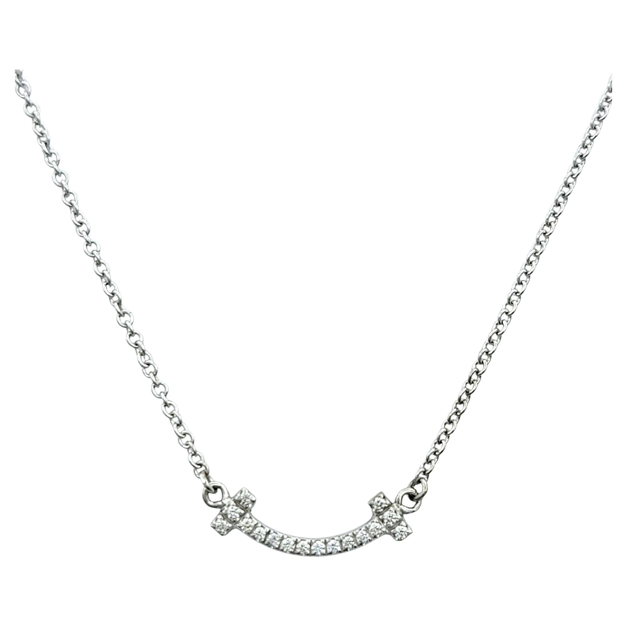 Tiffany & Co. T Smile Diamond Pendant Necklace Mini Size in 18 Karat White Gold