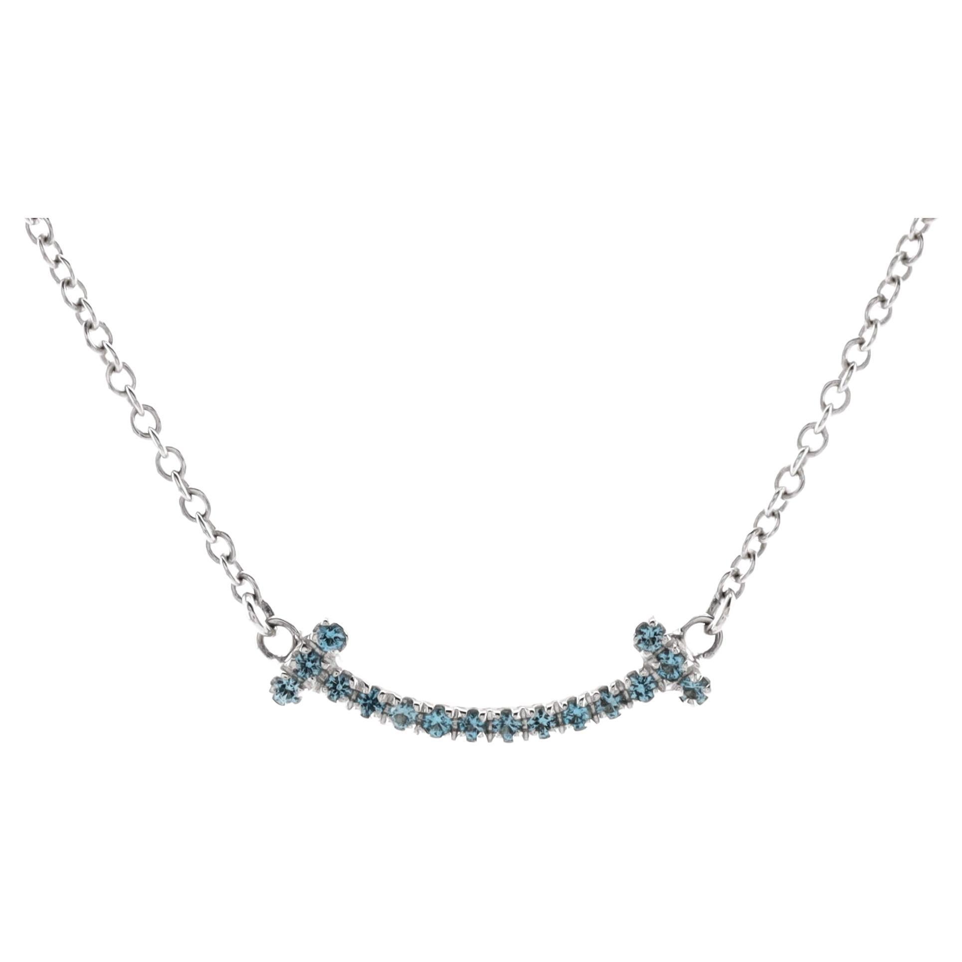Tiffany & Co. T Smile Pendant Necklace 18K White Gold with Blue Topaz Mini For Sale