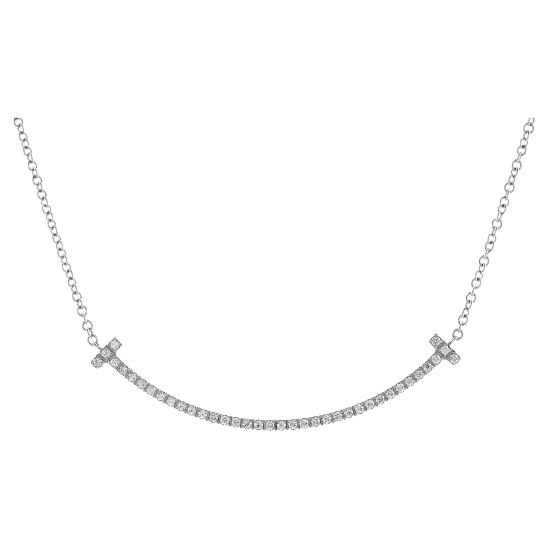 Tiffany & Co. T Smile Pendant Necklace 18K White Gold with Diamonds Small For Sale