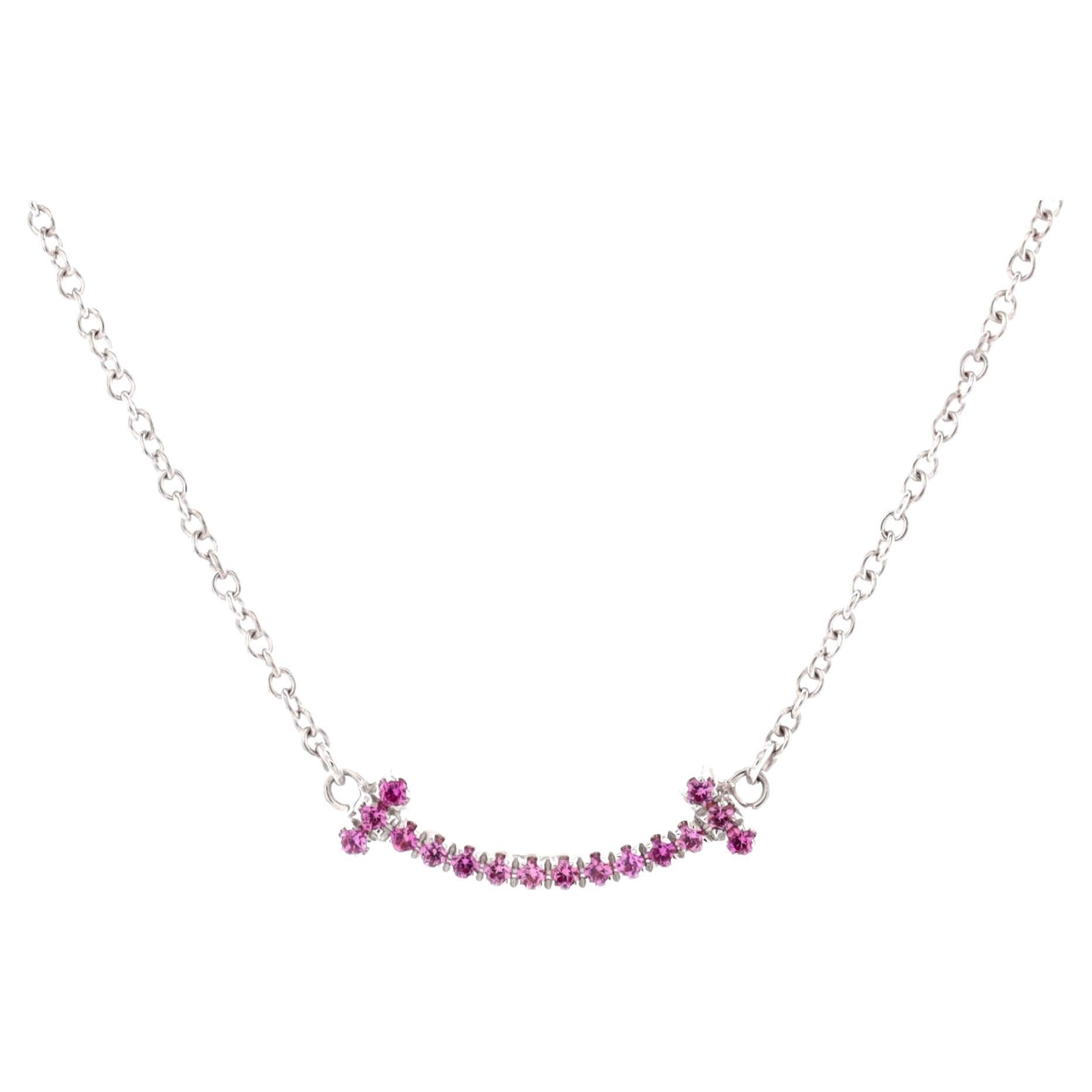 Tiffany & Co. T Smile Pendant Necklace 18k White Gold with Pink Sapphires Mini