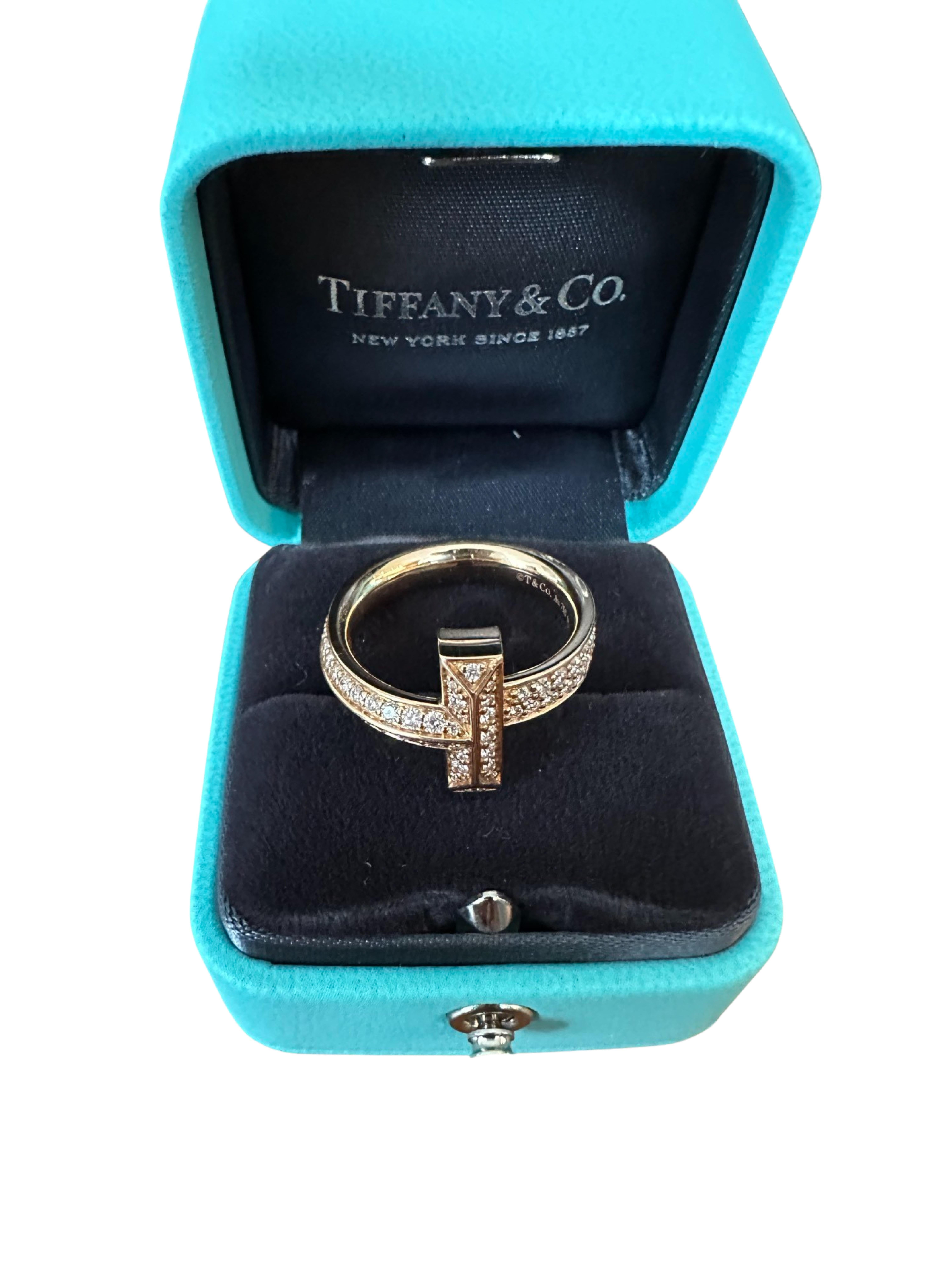 Tiffany Co T T1 ring with 18k rose gold with 0.55 ctw brilliant cut diamonds 
Ring size : 6.75 
Comes within the original box 
Never been resized, polished once only 
Retail value is over $7000