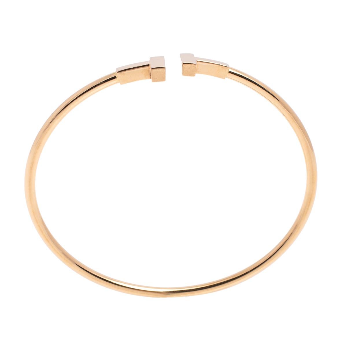 Tiffany & Co. T Wire 18K Rose Gold Narrow Open Cuff Bracelet In Fair Condition In Dubai, Al Qouz 2