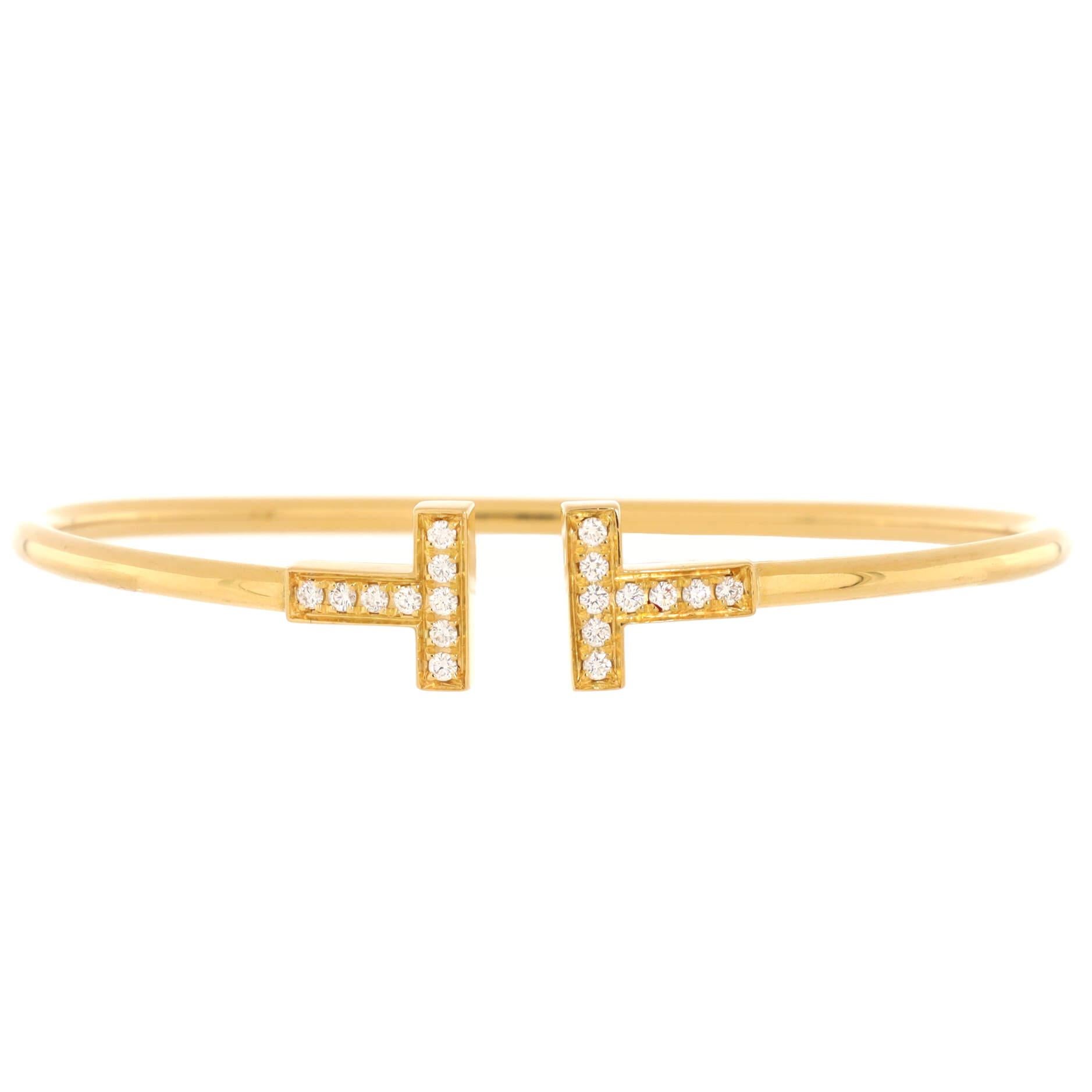 Women's or Men's Tiffany & Co. T Wire Bracelet 18k Yellow Gold and Diamonds