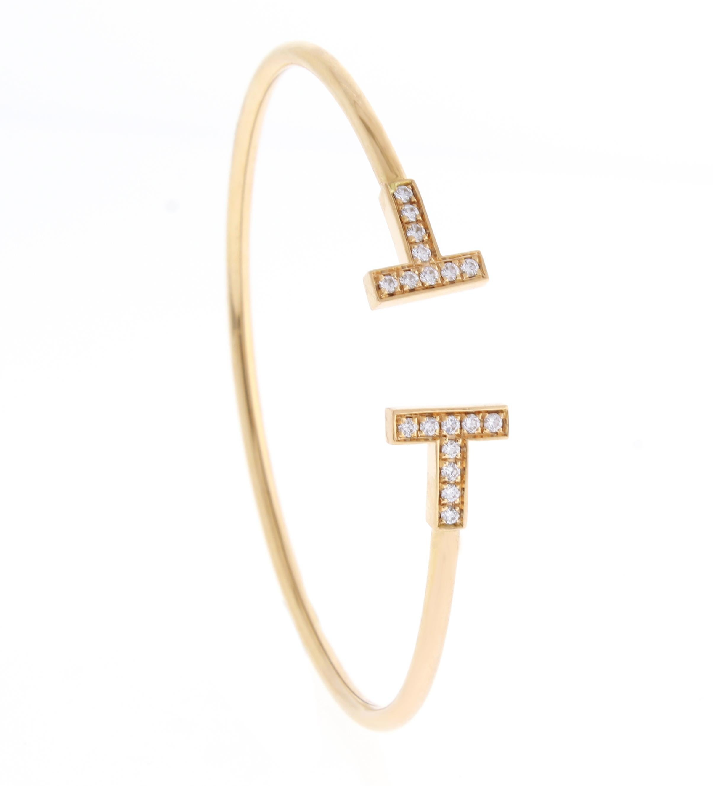 Graphic angles and clean lines blend to create the beautiful clarity of the Tiffany T collection. Brilliant diamonds enhance this bracelet's timeless elegance.

18 karat  pink gold with round brilliant diamonds
Size medium
Fits wrists up to