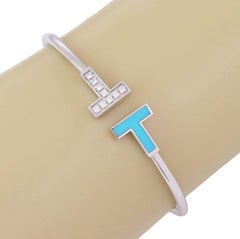 Tiffany & Co. T Wire Diamond & Turquoise 18k White Gold Bangle Cuff Bracelet