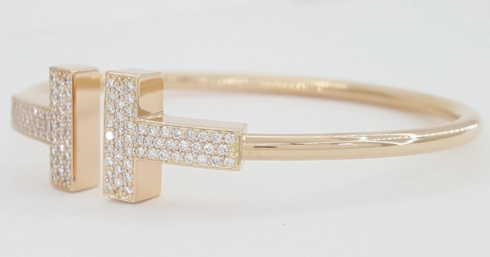 Women's Tiffany & Co. T Wire Wide Diamond Bracelet in 18K Rose Gold For Sale