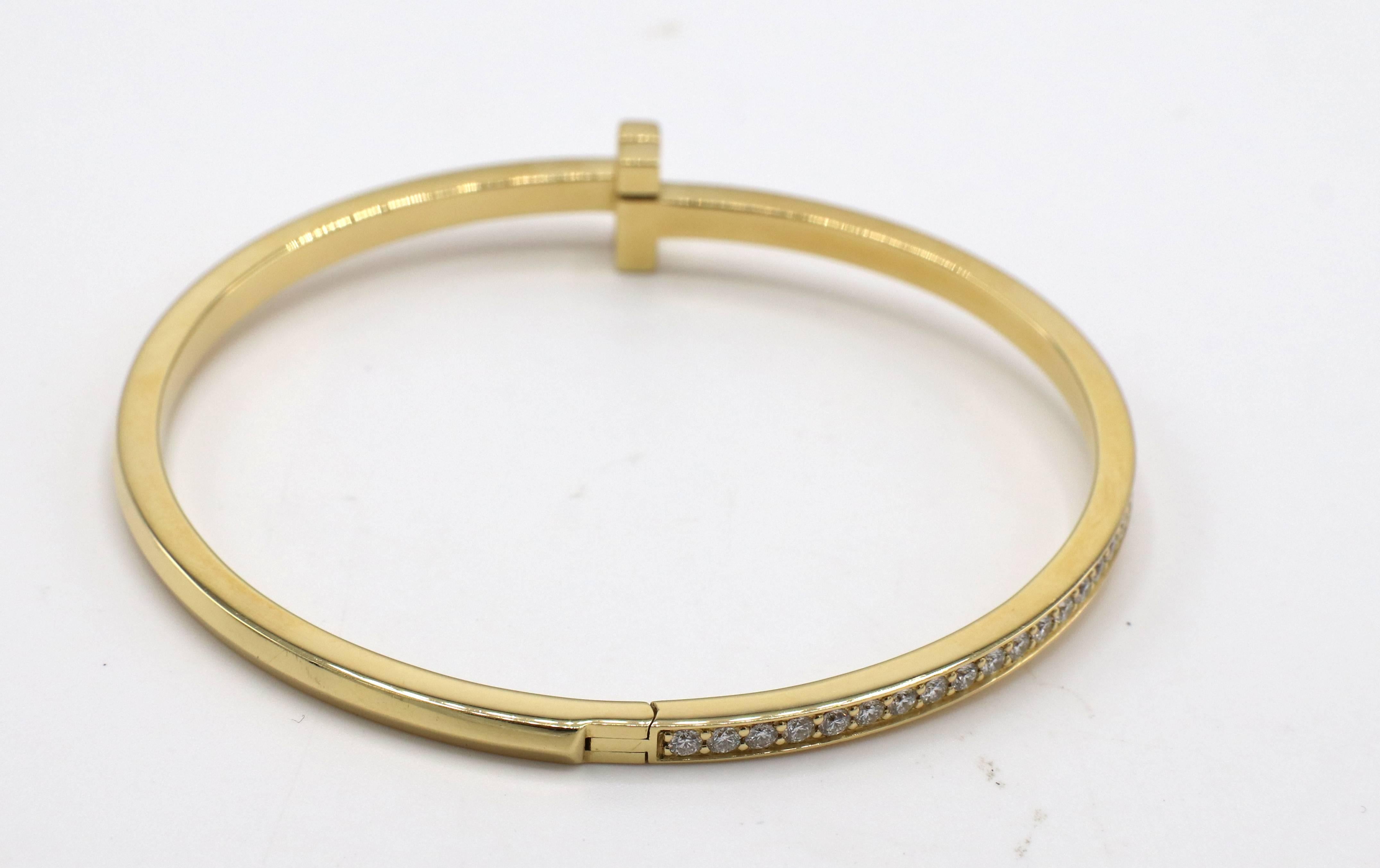 Tiffany & Co. T1 Narrow Diamond Hinged Bangle Bracelet Yellow Gold